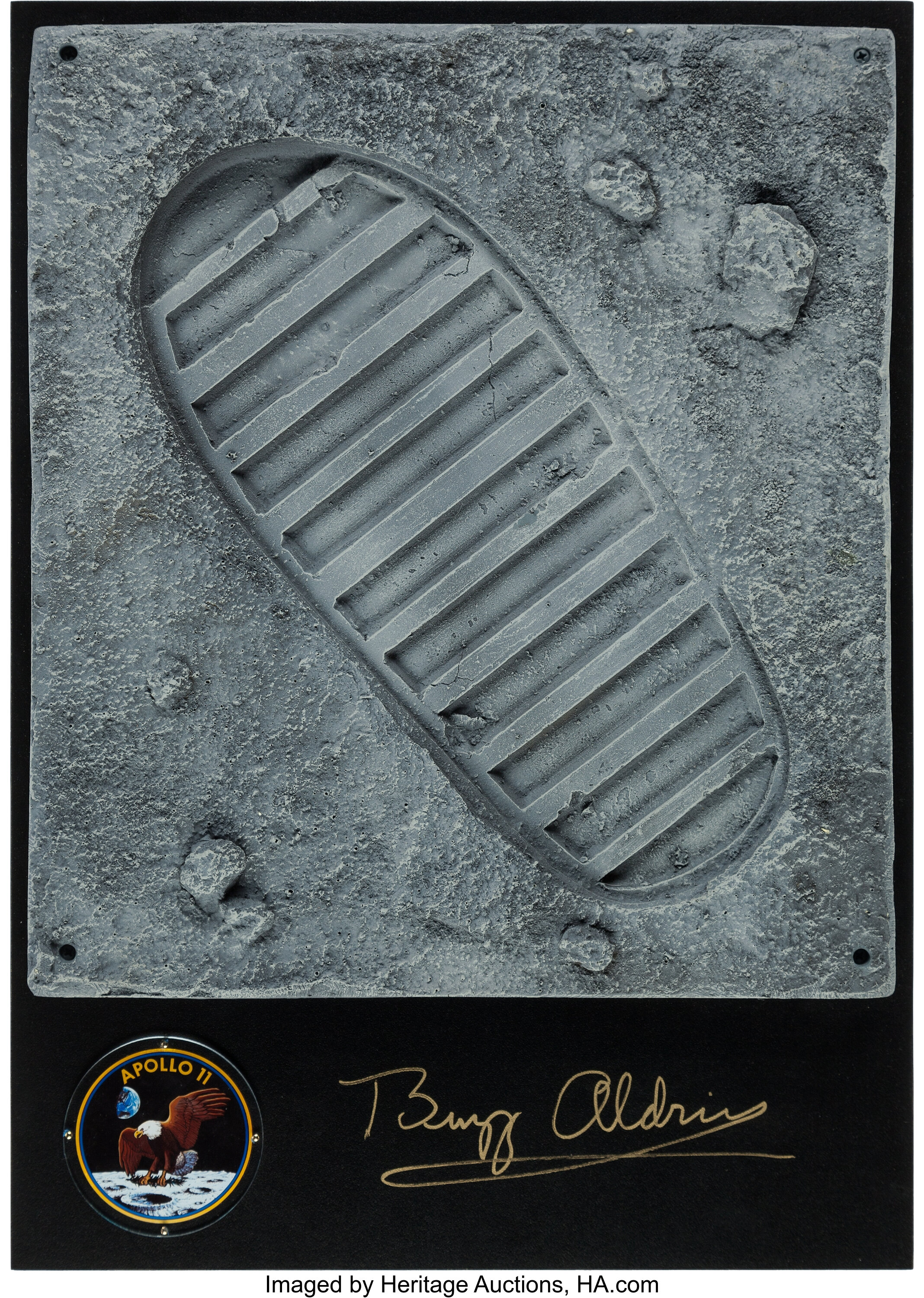 Buzz Aldrin Signed Moon Boot Footprint Reproduction on Wooden | Lot