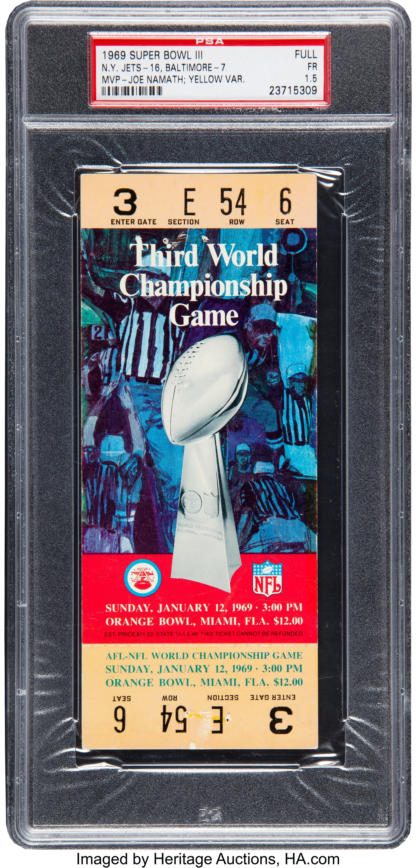 1969 Super Bowl III Full Ticket PSA Fair 1.5 - Yellow Variation. | Lot ...