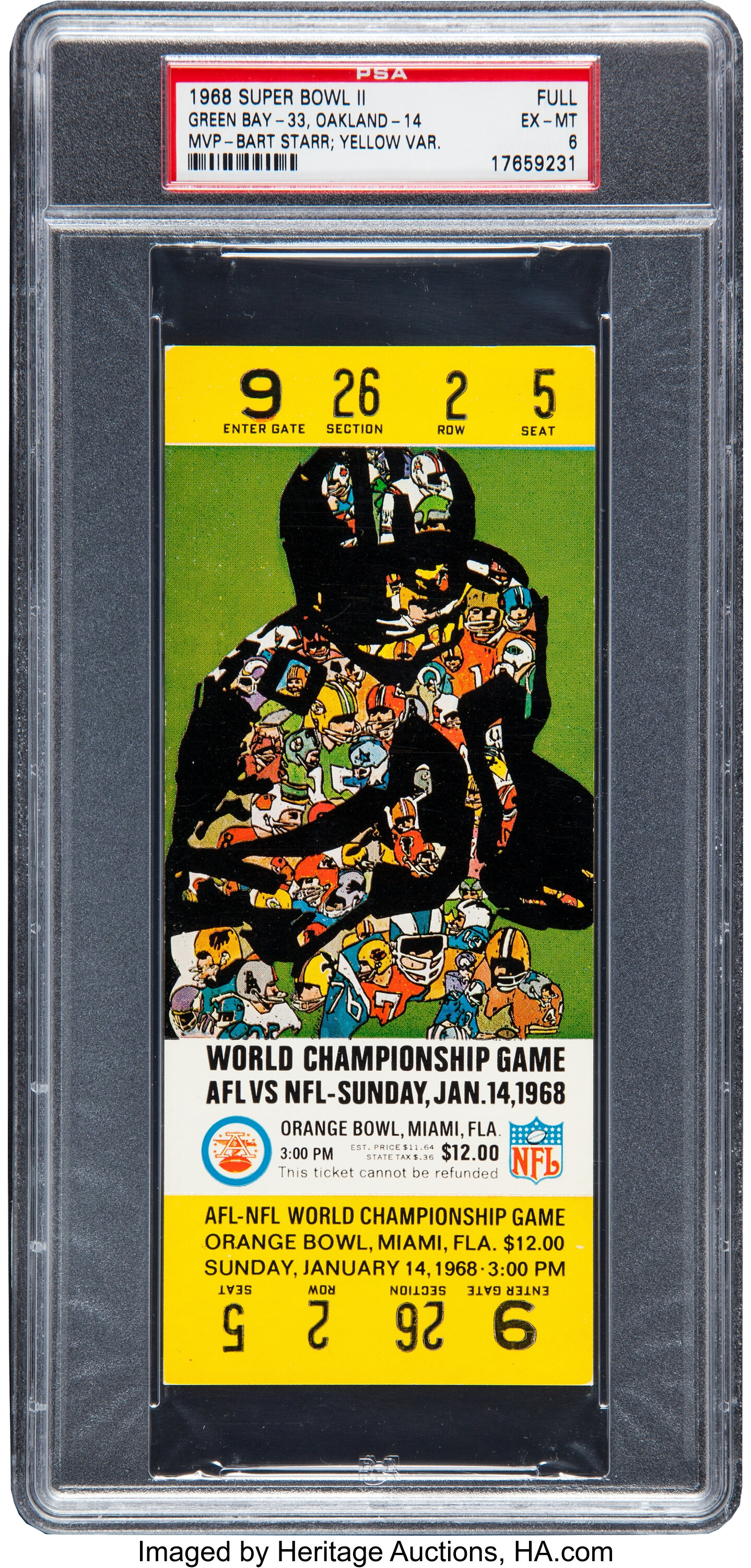 1968 Super Bowl II Full Ticket PSA EX-MT 6 - Yellow Variation. , Lot  #52952