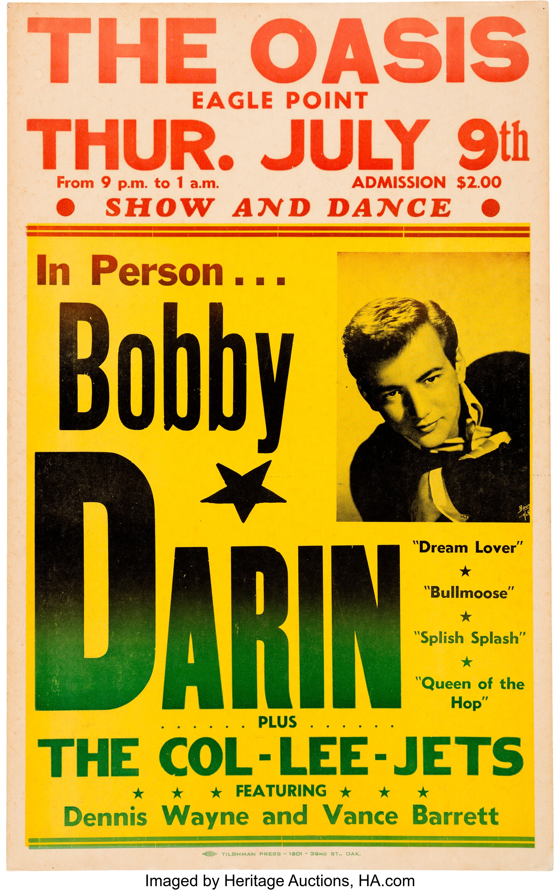 Bobby Darin Oasis Concert Poster (1959). Music Memorabilia 