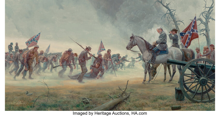 Fine Art - Painting, American:Contemporary   (1950 to present)  , Mort Künstler (American, b. 1931). It's All My Fault, GeneralRobert E. Lee at Gettysburg, 1989. Oil on canvas. 26 x 49 ...