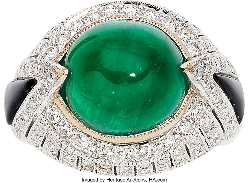 Emerald, Diamond, Black Onyx, White Gold Ring. . ... Estate Jewelry ...