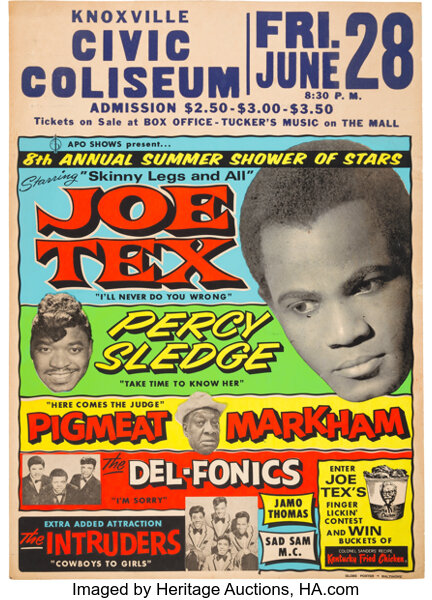 Music Memorabilia:Posters, Joe Tex/Percy Sledge Knoxville Civic Coliseum Concert Poster
(1968)....