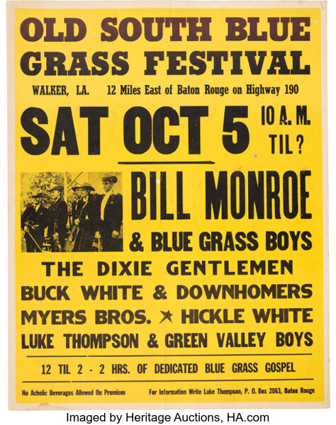 Bill Monroe Old South Bluegrass Festival Concert Poster (circa | Lot #89267  | Heritage Auctions