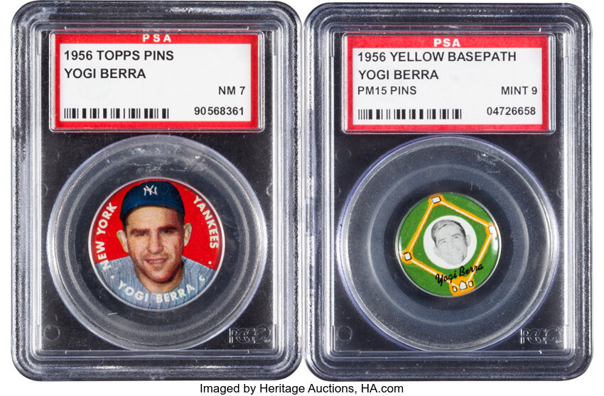 1956 Topps & Yellow Basepath Yogi Berra Pin Back Pair (2