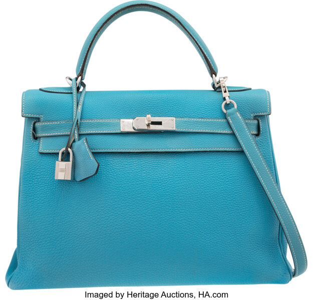 Hermes 32cm Blue Jean Togo Leather Palladium Hardware Kelly