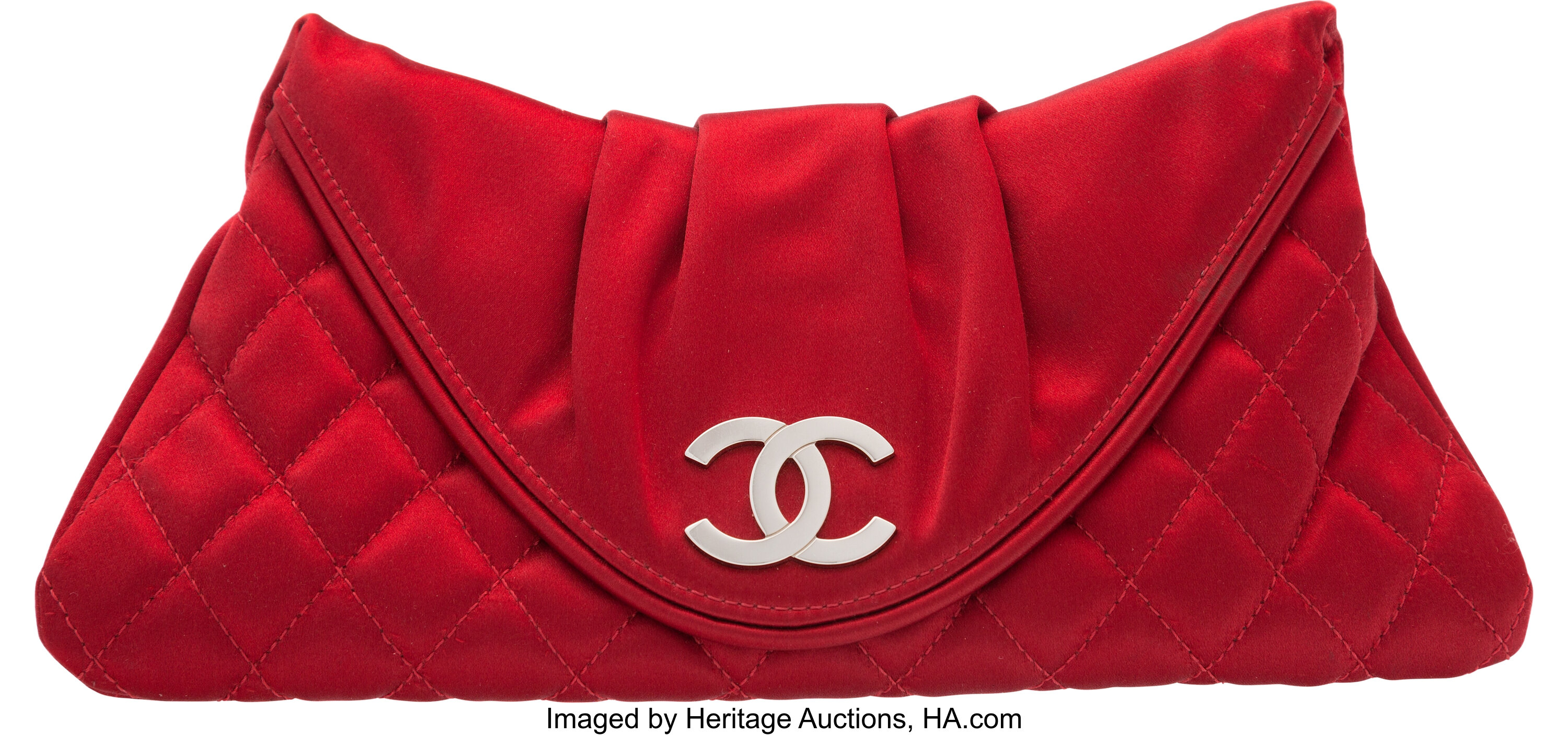 Chanel Red Quilted Satin Half Moon Clutch Bag. Very Good Condition