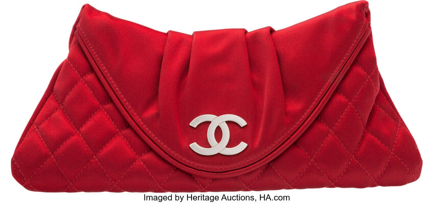 Chanel Red Quilted Satin Half Moon Clutch Bag. Very Good Condition