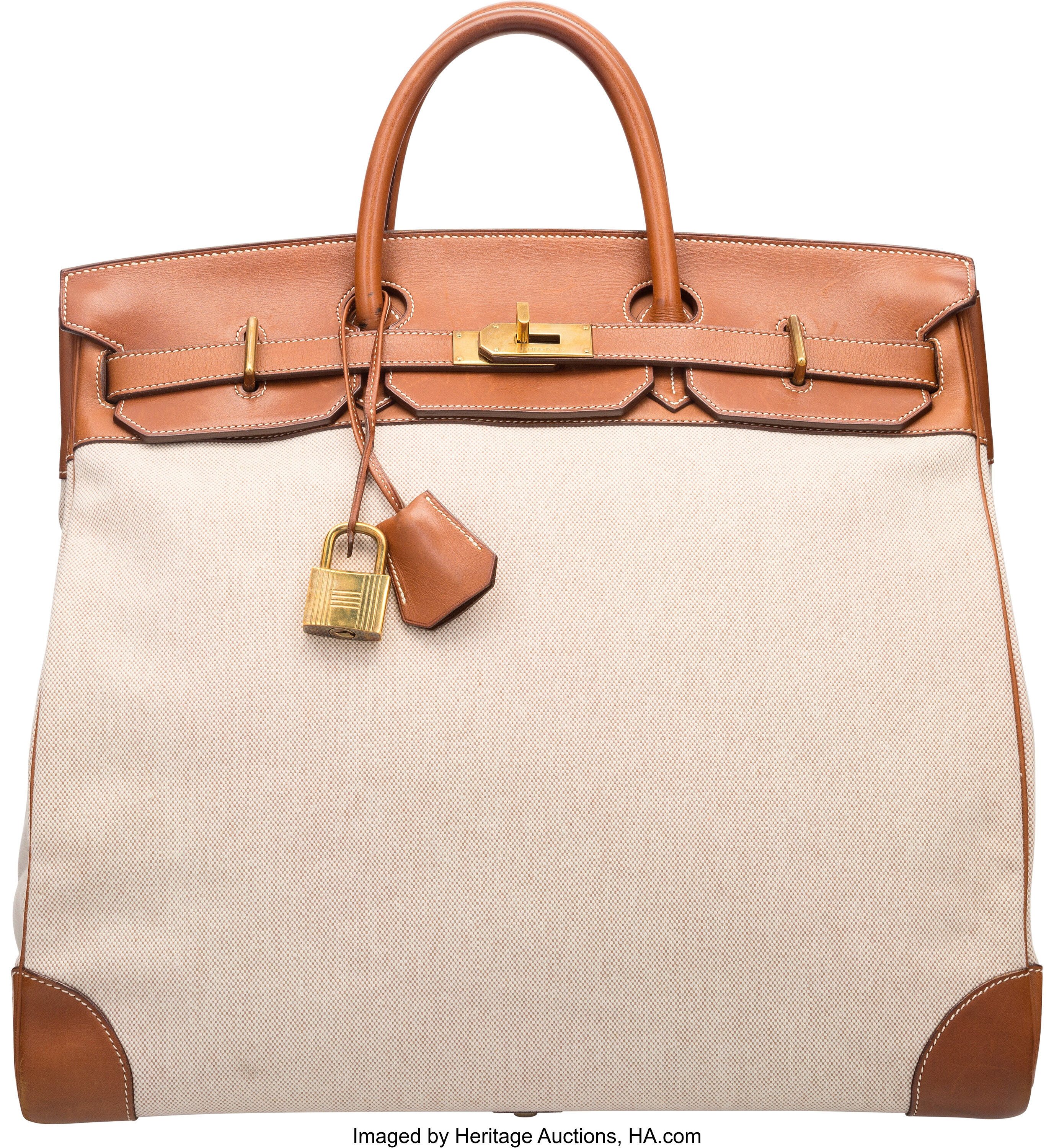 Hermes HAC Birkin Bag Toile and Fauve Barenia with Gold Hardware