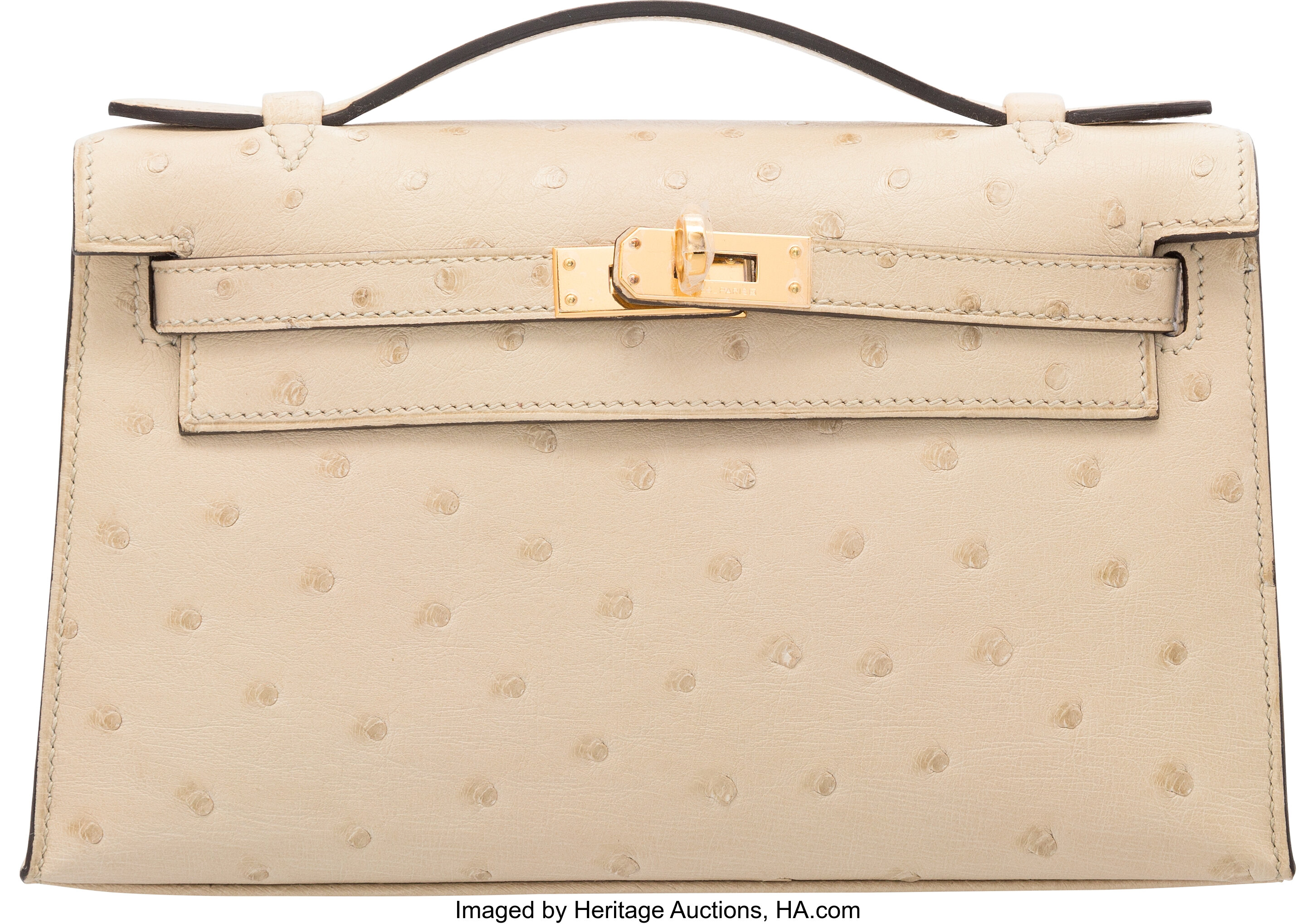 Hermes Kelly Pochette Parchemin Ostrich Gold Hardware For Sale at 1stDibs