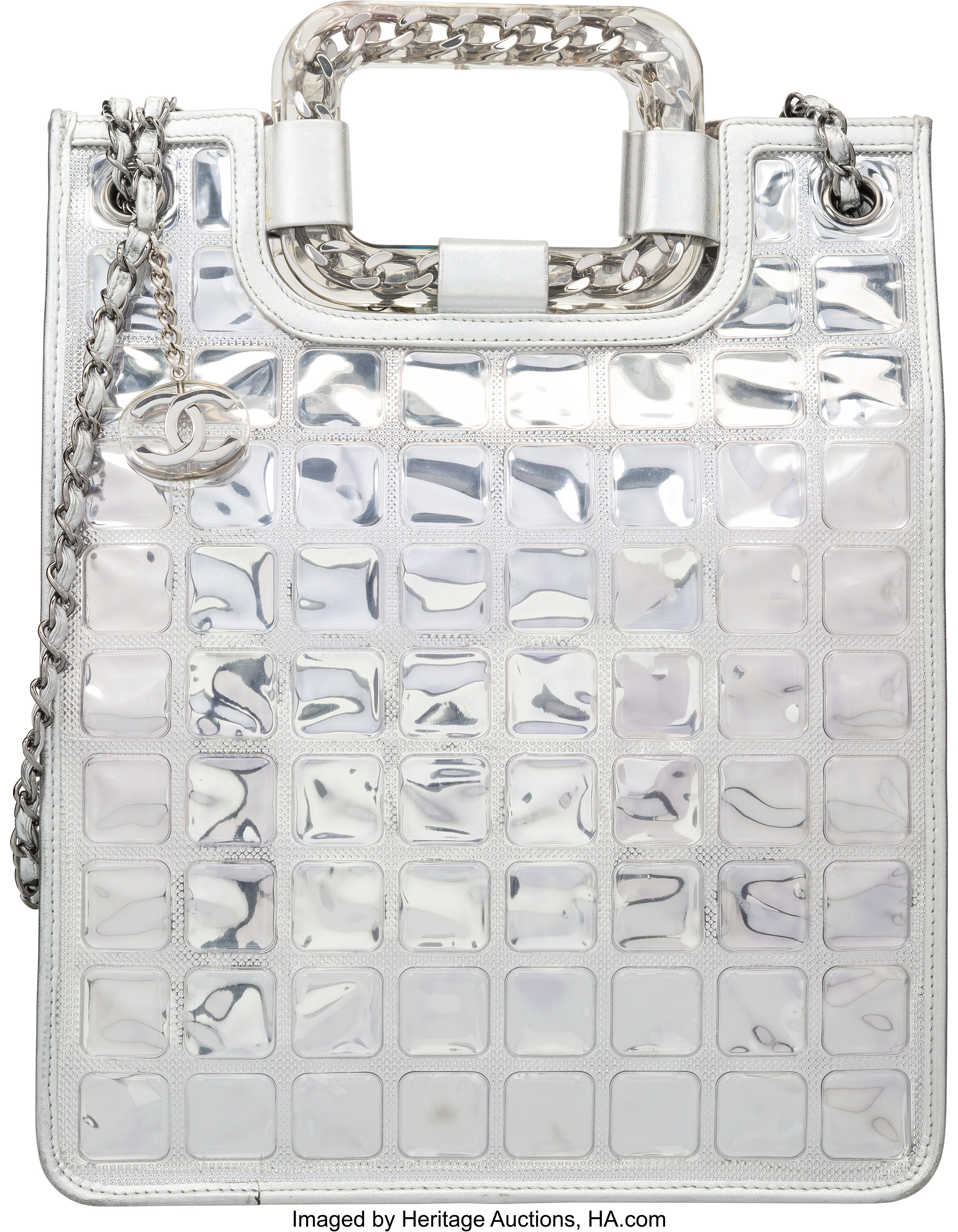 Chanel Metallic Silver Leather & PVC Ice Cube Tote Bag. Very Good