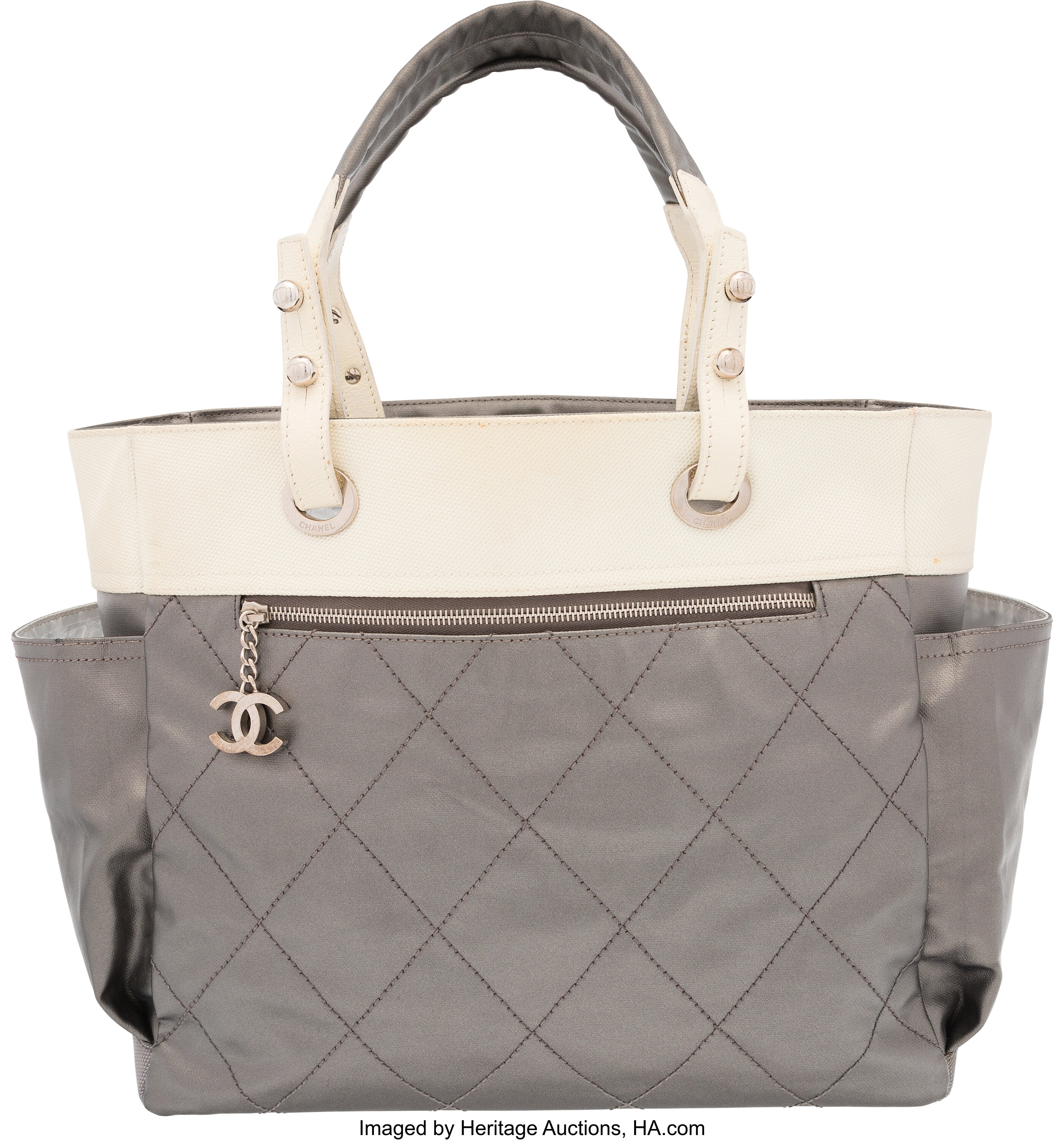 Chanel Gray & White Canvas Paris-Biarritz Tote Bag. Very Good, Lot #58019