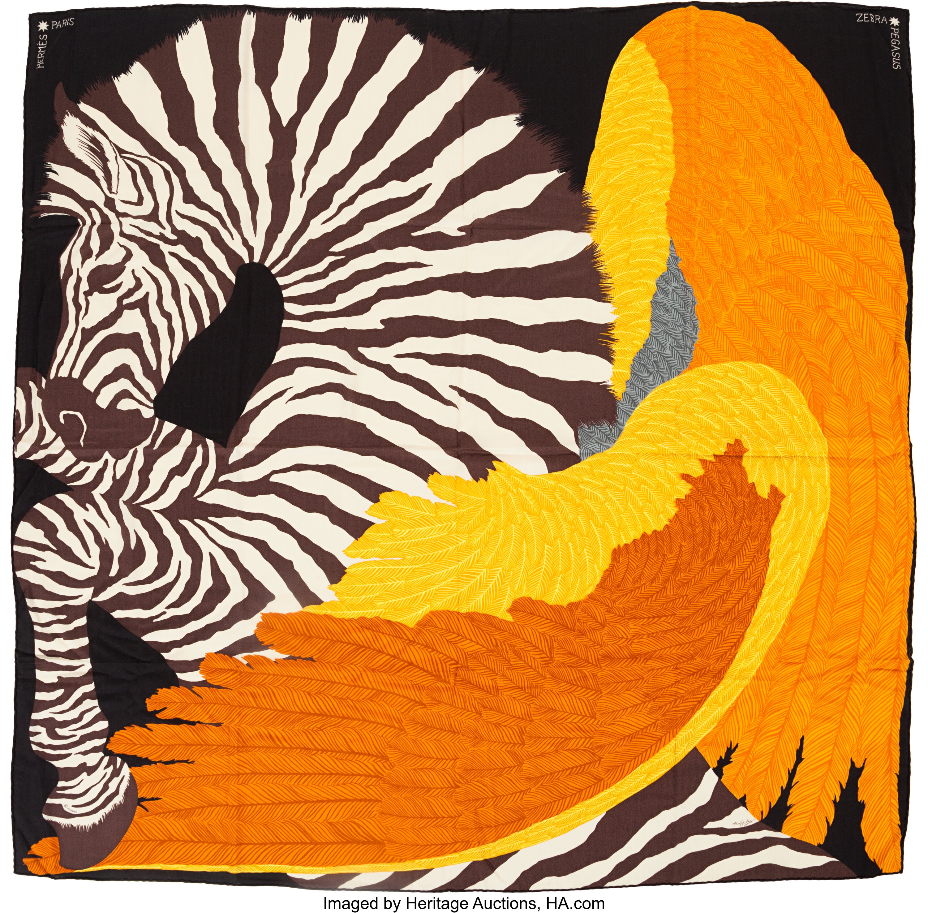 Hermes 140cm Orange & Yellow Zebra Pegasus, by Alice Shirley Silk, Lot  #58419