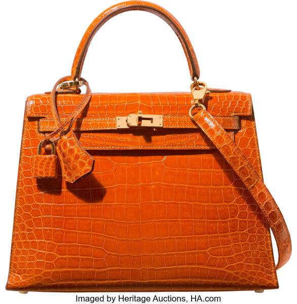 Hermes 35cm Shiny Orange H Porosus Crocodile Birkin Bag with