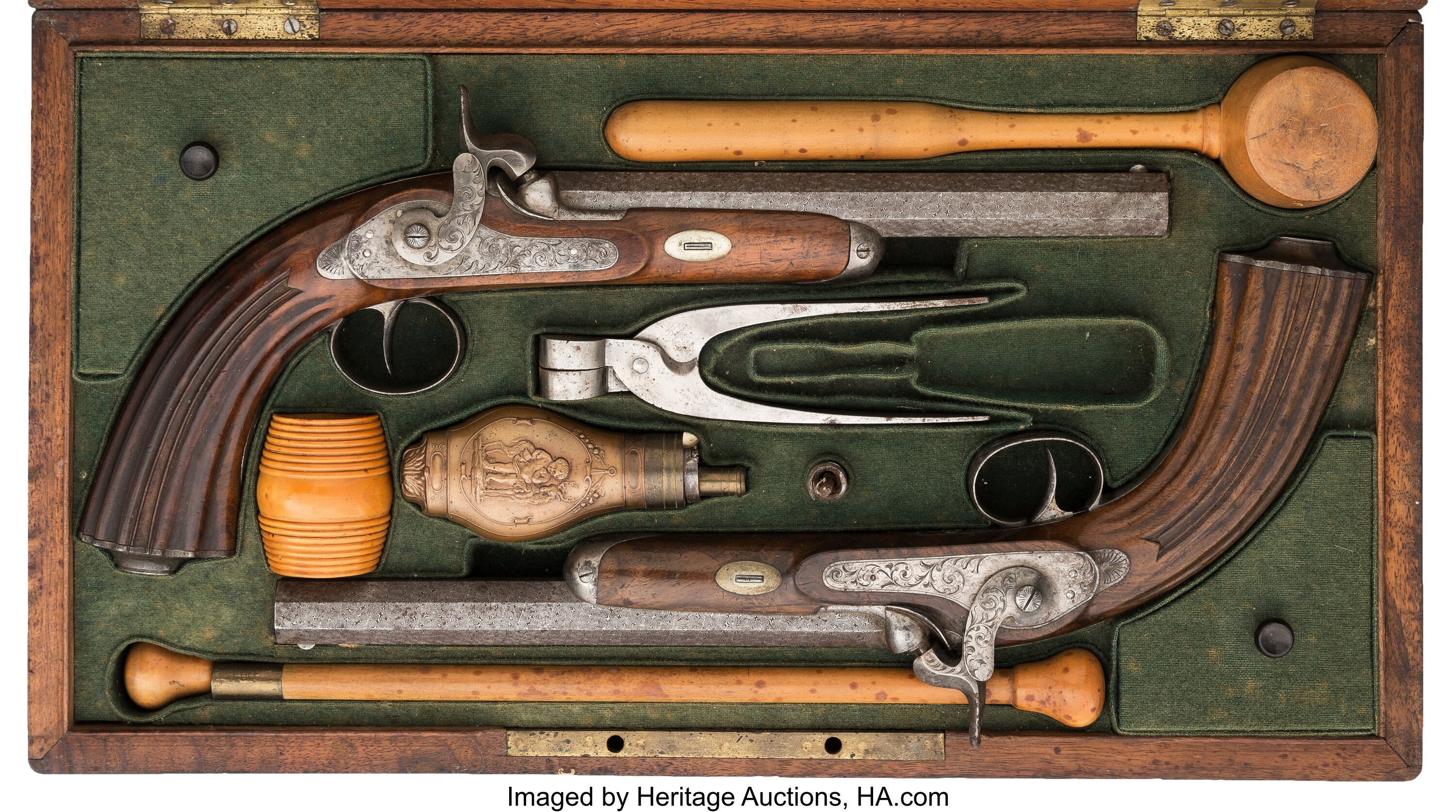 Cased Pair Flintlock Dueling Pistols & Accessories .54-.58 Caliber