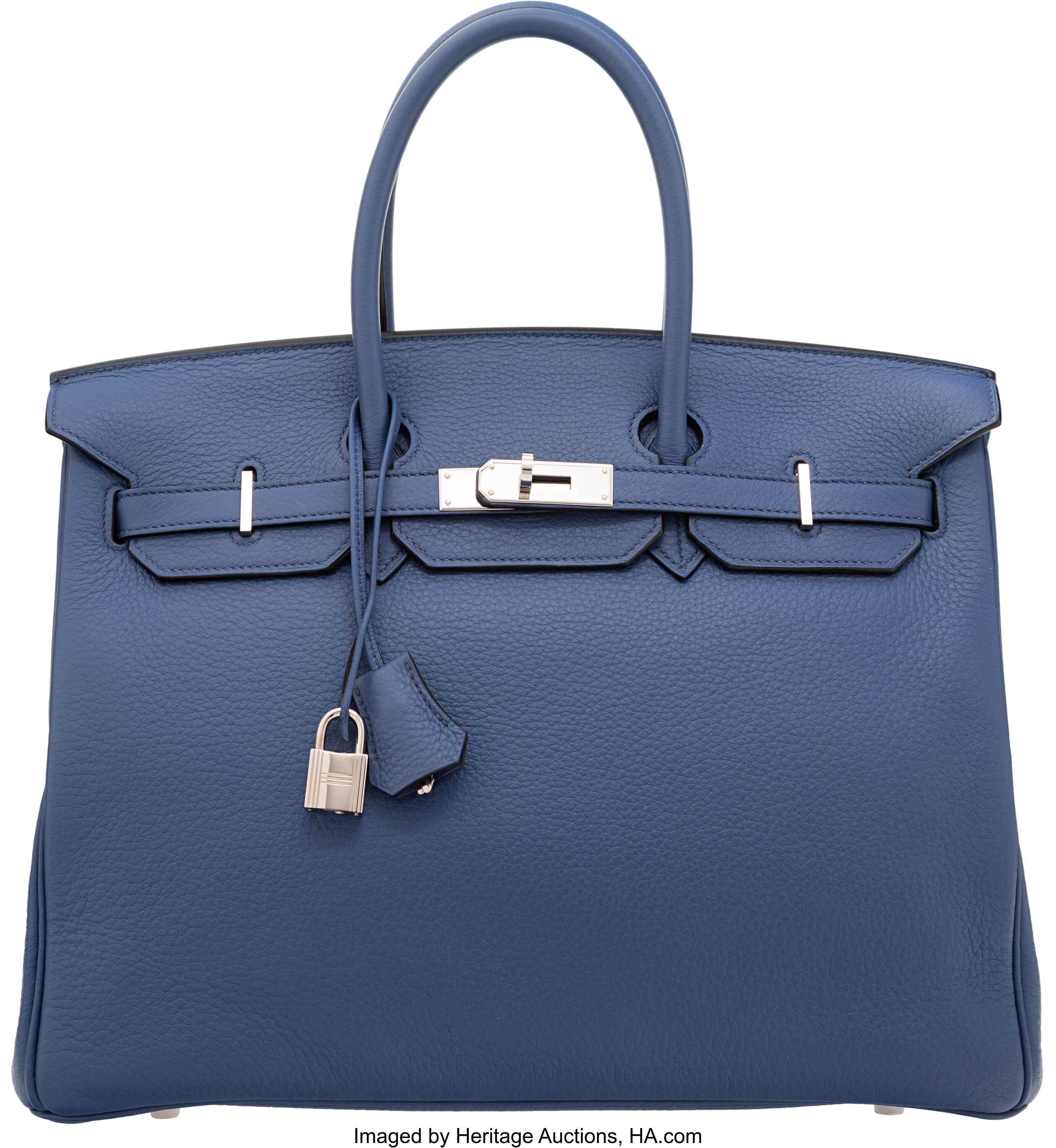 Hermes 35cm Blue de Prusse Clemence Leather Birkin Bag with | Lot ...