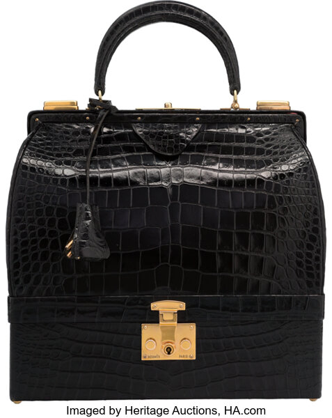 Schitz Paris Rare Black Crocodile Handbag with Gold Hardware 1953.