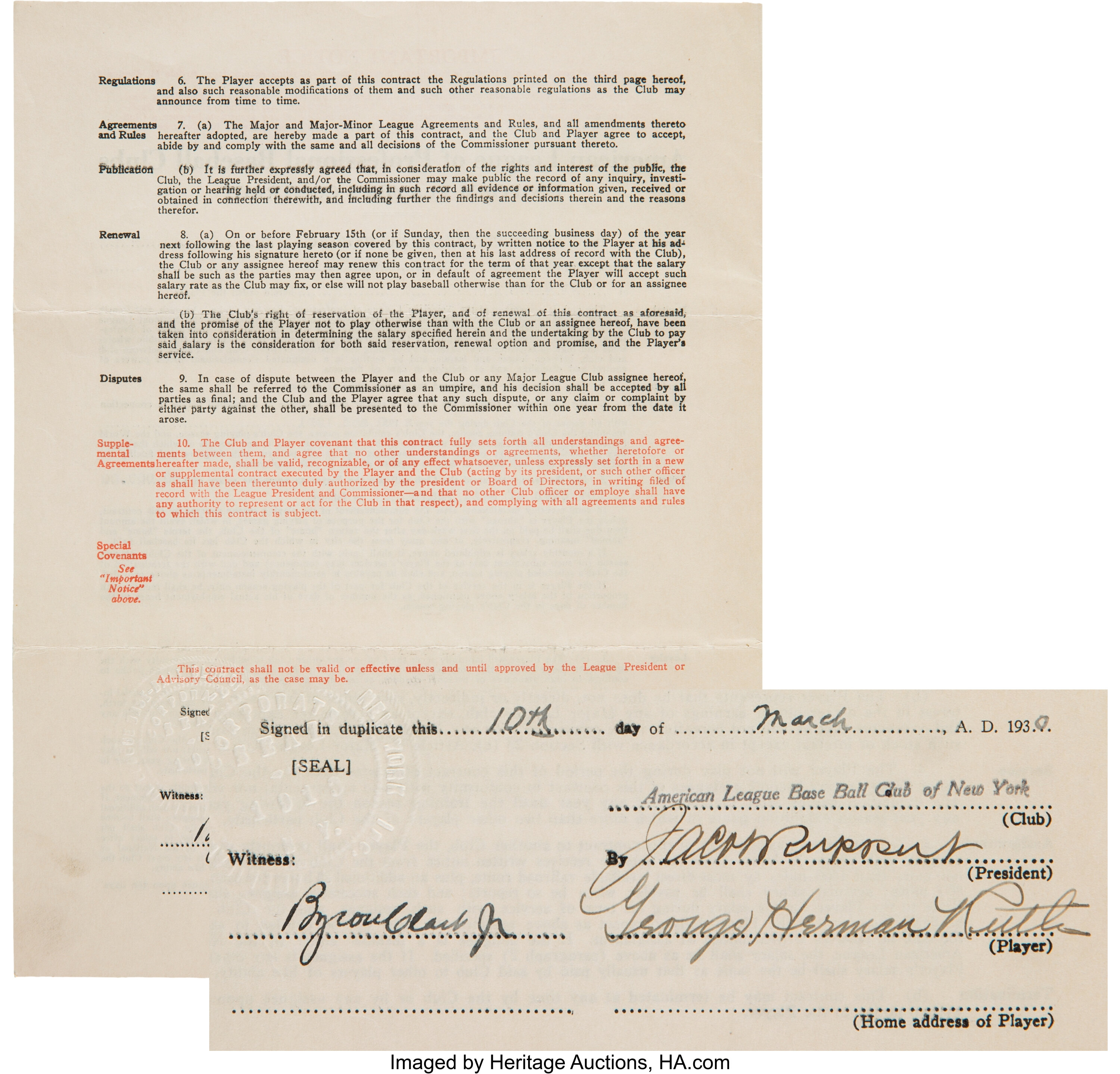 Babe Ruth's 1932 contract with the Yankees sells for nearly $300,000