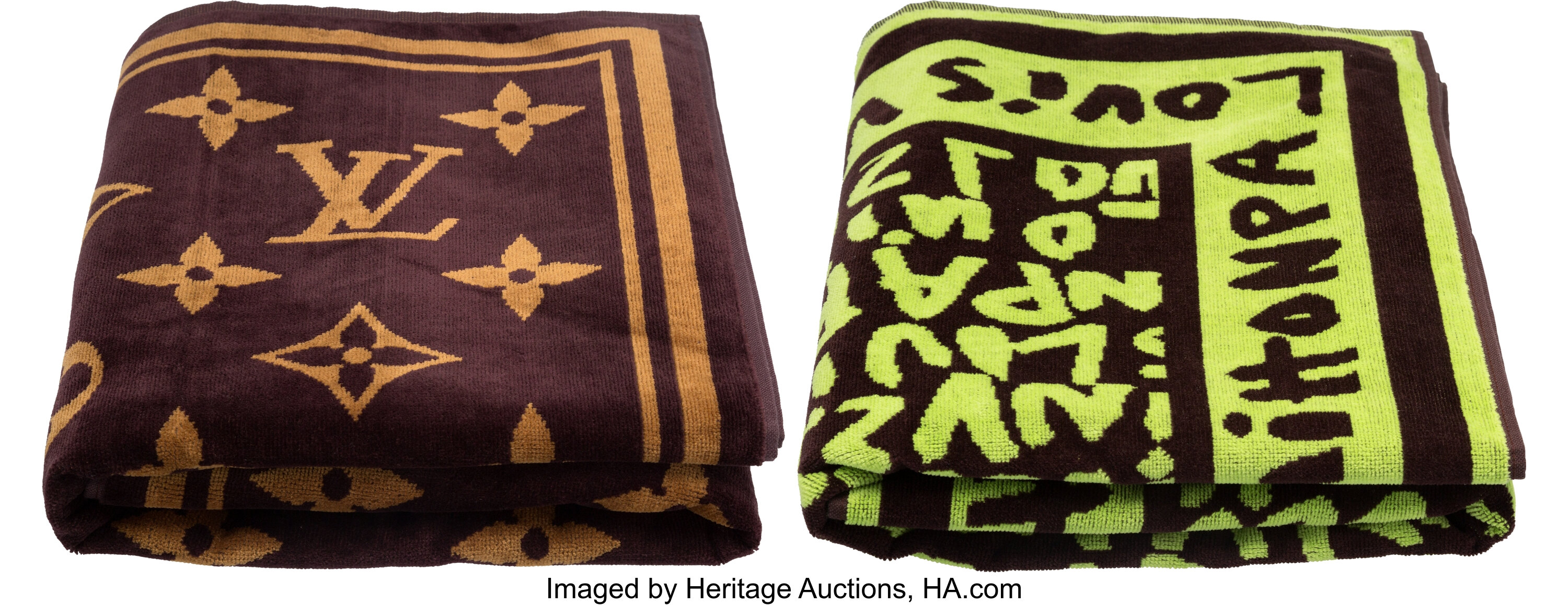 Louis Vuitton Set of Two; Green & Brown Terrycloth Towels.