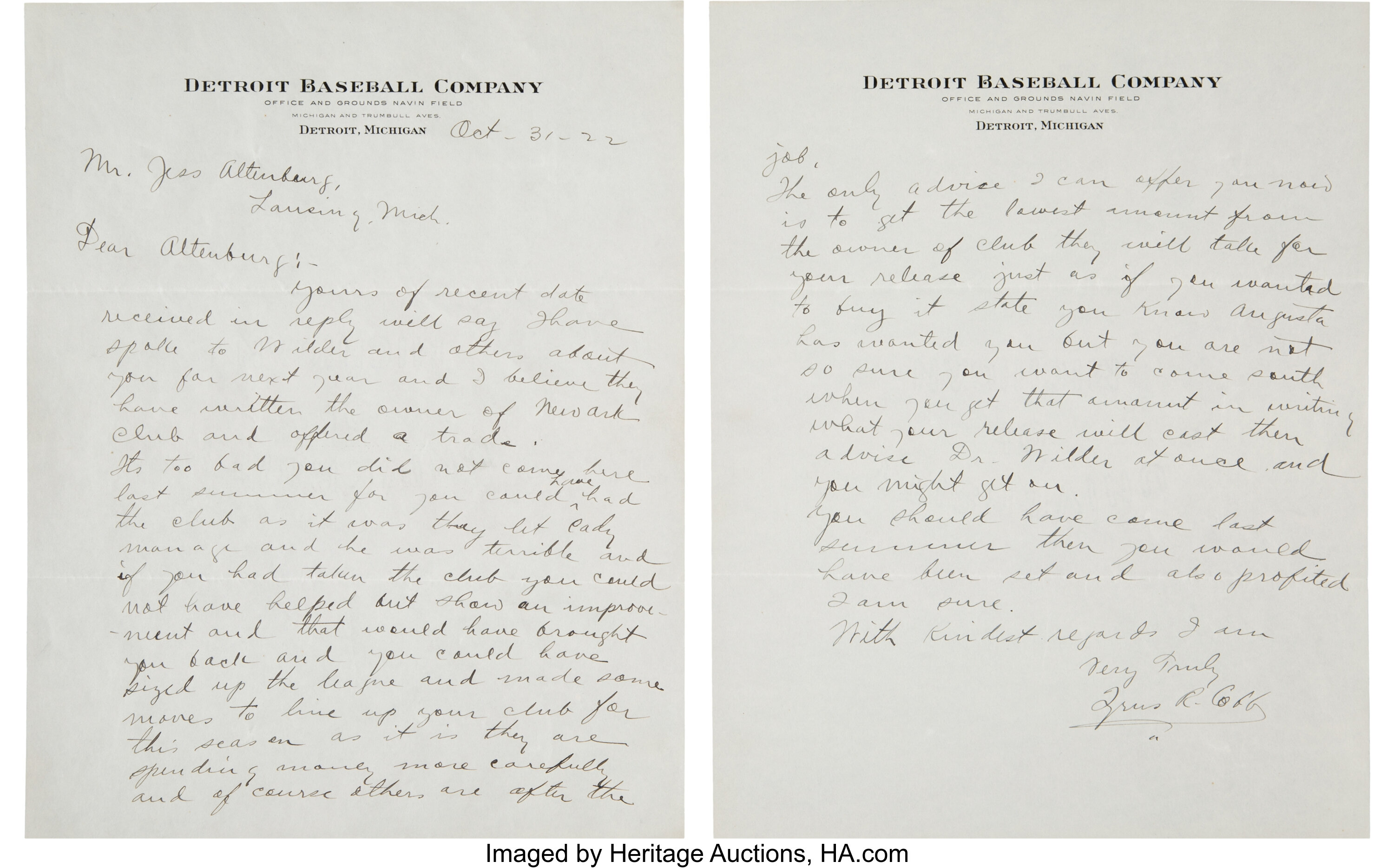 PRESIDENTS OF THE UNITED STATES Ty Cobb MLB Hall Of Fame Handwriting TY-AWF