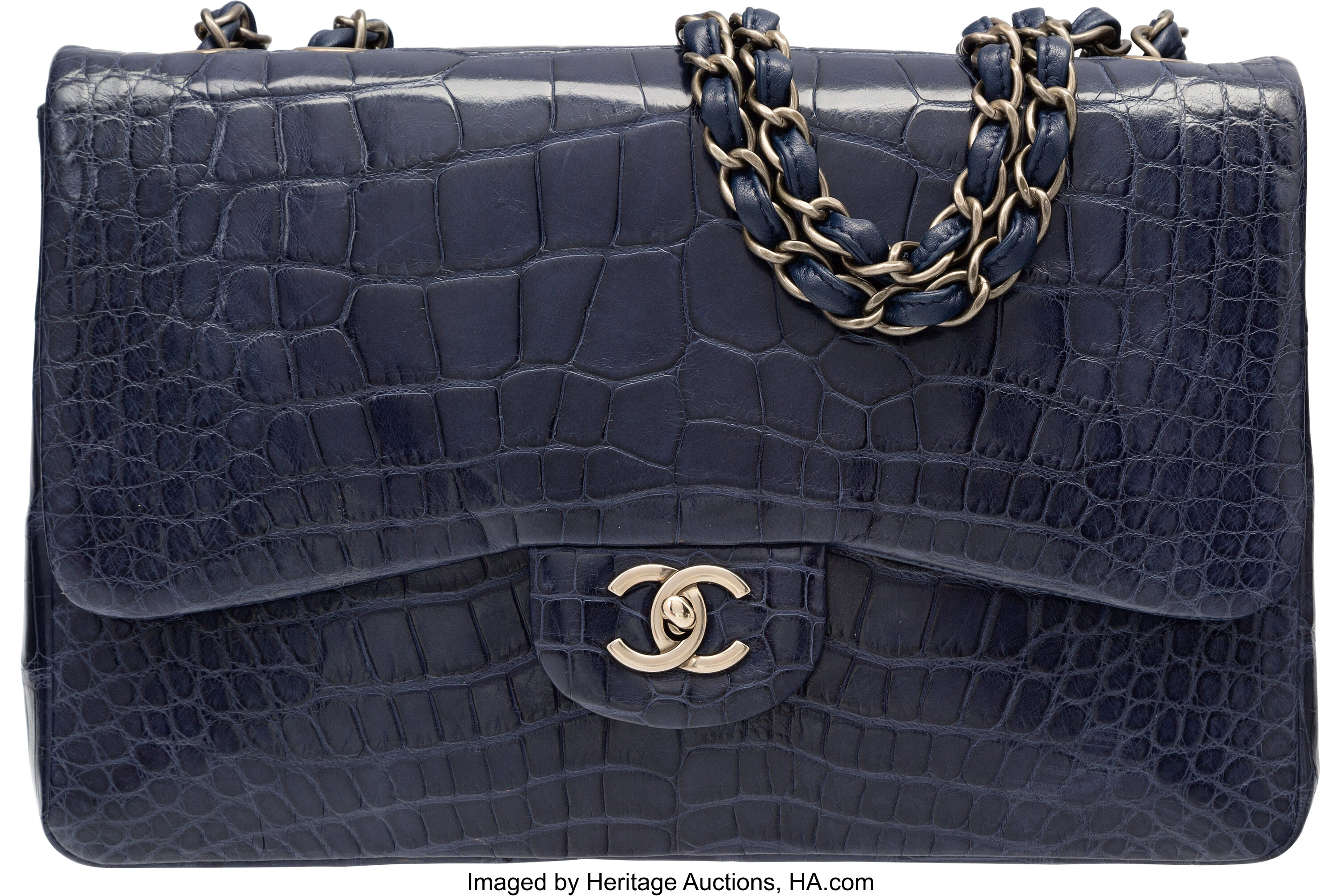 Chanel Shiny Navy Blue Alligator Jumbo Single Flap Bag . Very Good, Lot  #58005