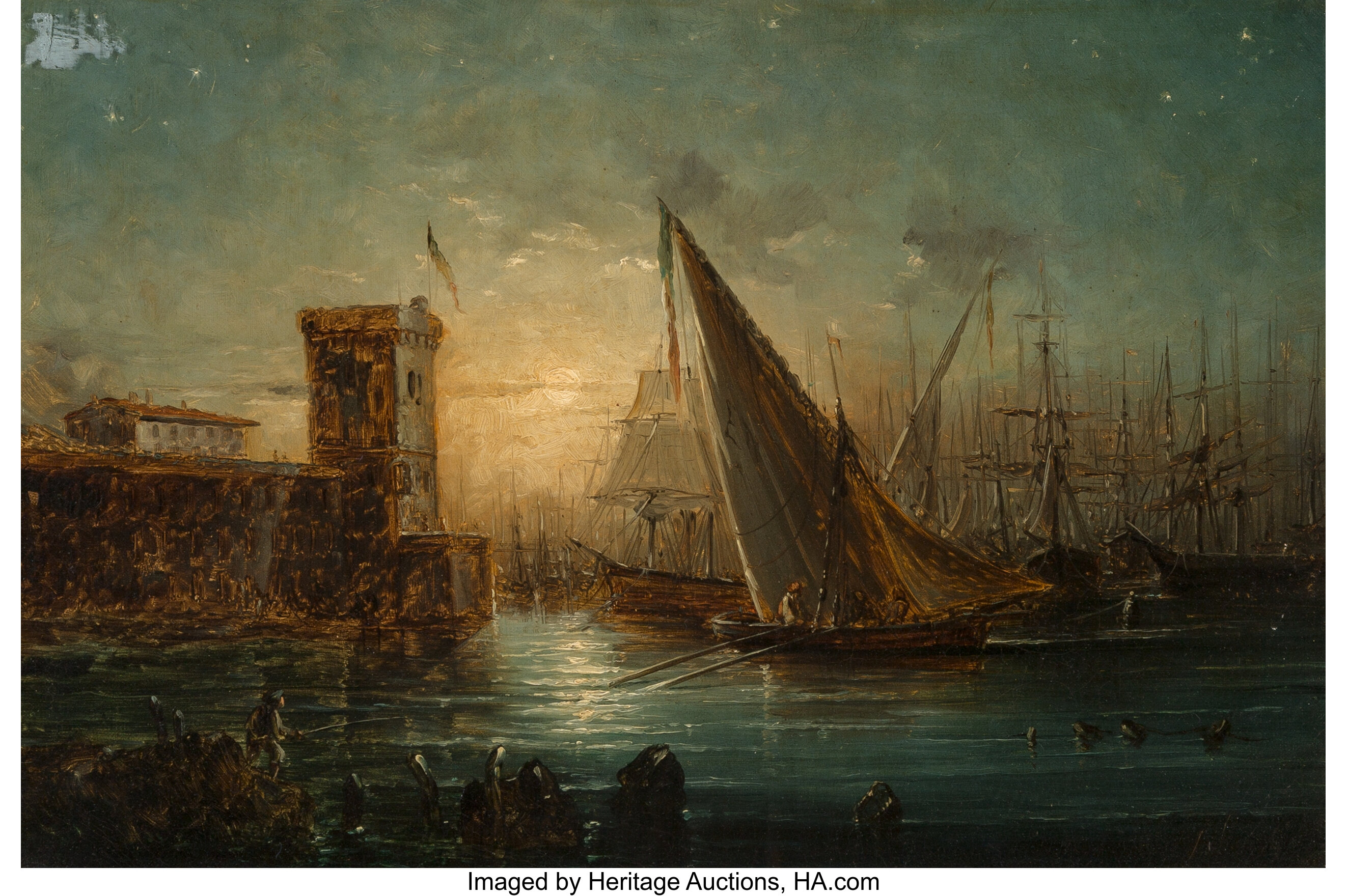 French School 19th Century Nocturnal Harbor Scene Oil On Lot Heritage Auctions