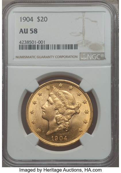 1904 $20 AU58 NGC. NGC Census: (1057/222090). PCGS Population 