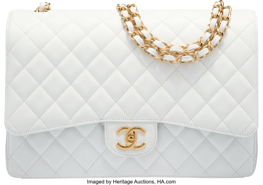 Chanel White Quilted Caviar Leather Maxi Double Flap Bag. Pristine, Lot  #58012