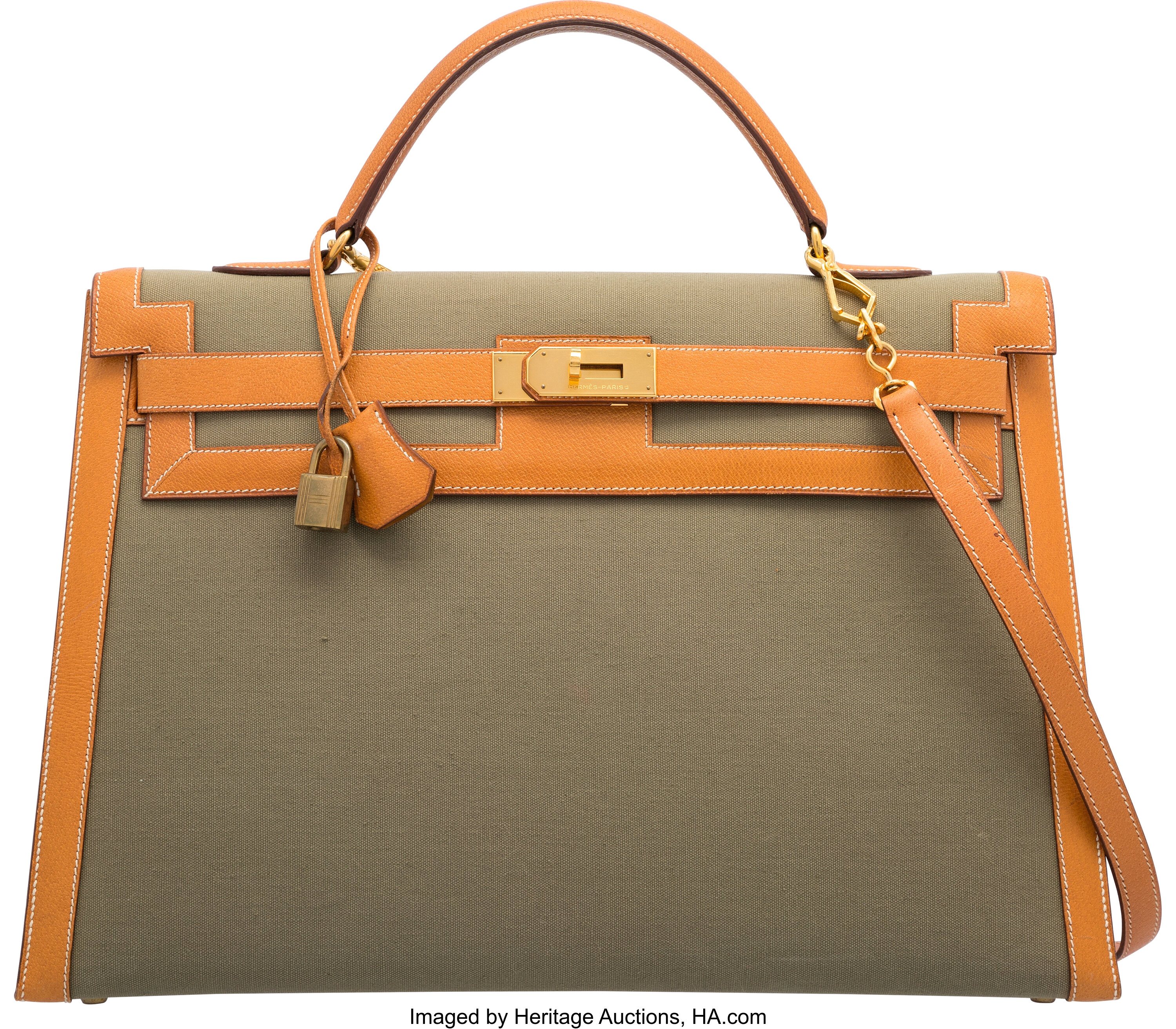 Hermes 40cm Natural Peau Porc Leather & Vert Olive Toile Officier | Lot ...