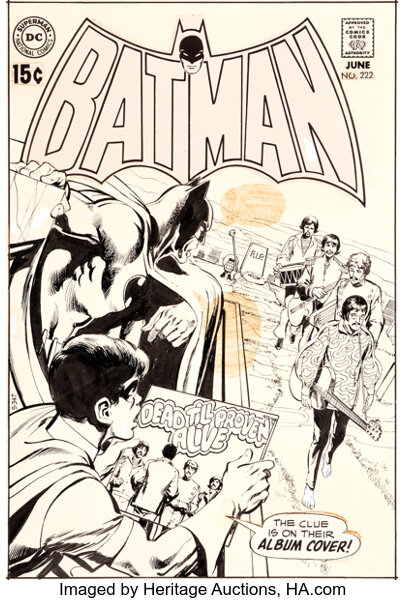 Original Comic Art:Covers, Neal Adams Batman #222 Cover Beatles Original Art, Color Guide, and Printer's Proof Group of 3 (DC, 1970).... (Total: 3 Items)