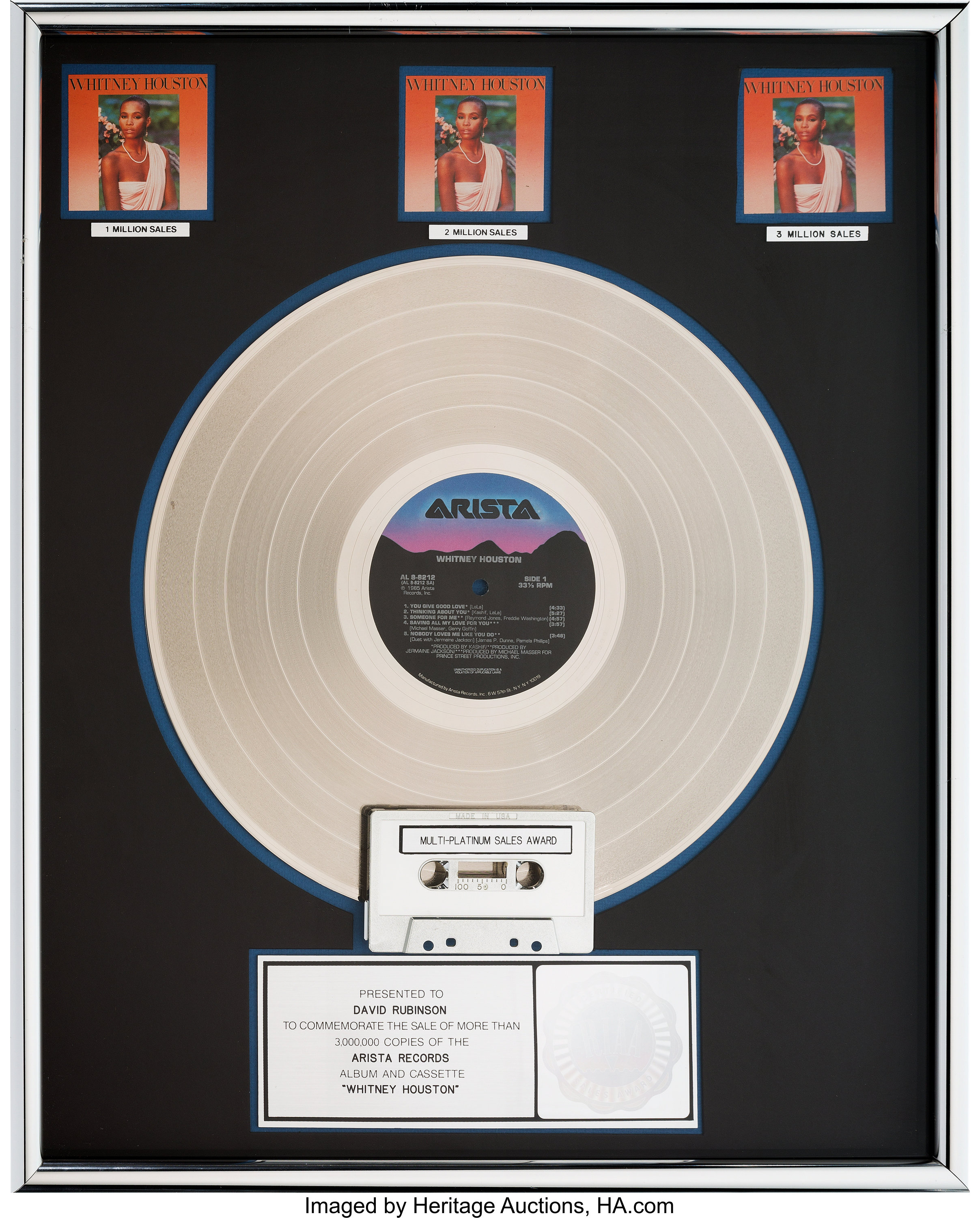 Whitney Houston Riaa 3x Platinum Album Sales Award Arista Al Lot 513 Heritage Auctions
