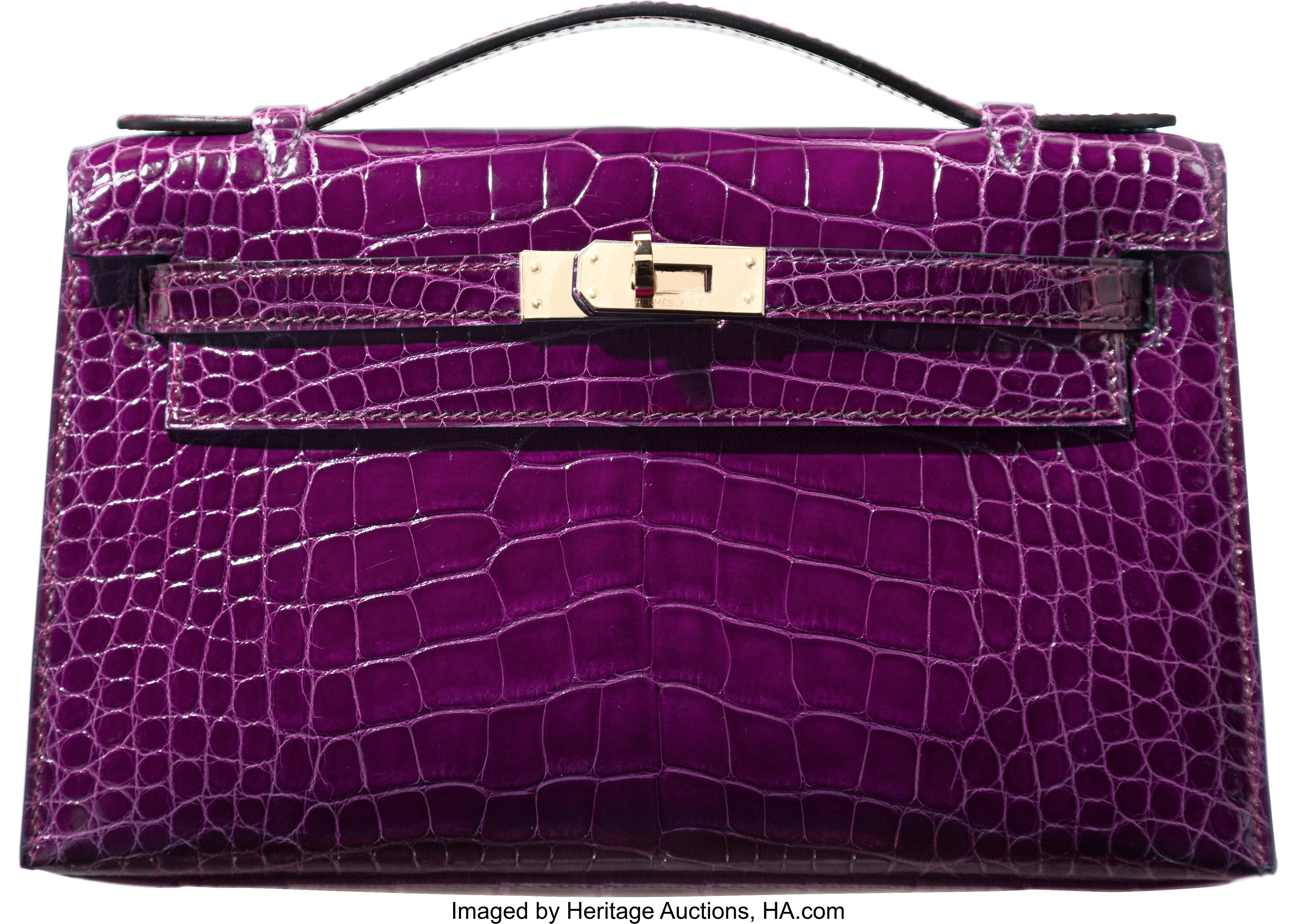 Hermes Shiny Cassis Alligator Kelly Pochette Bag with Permabrass | Lot ...