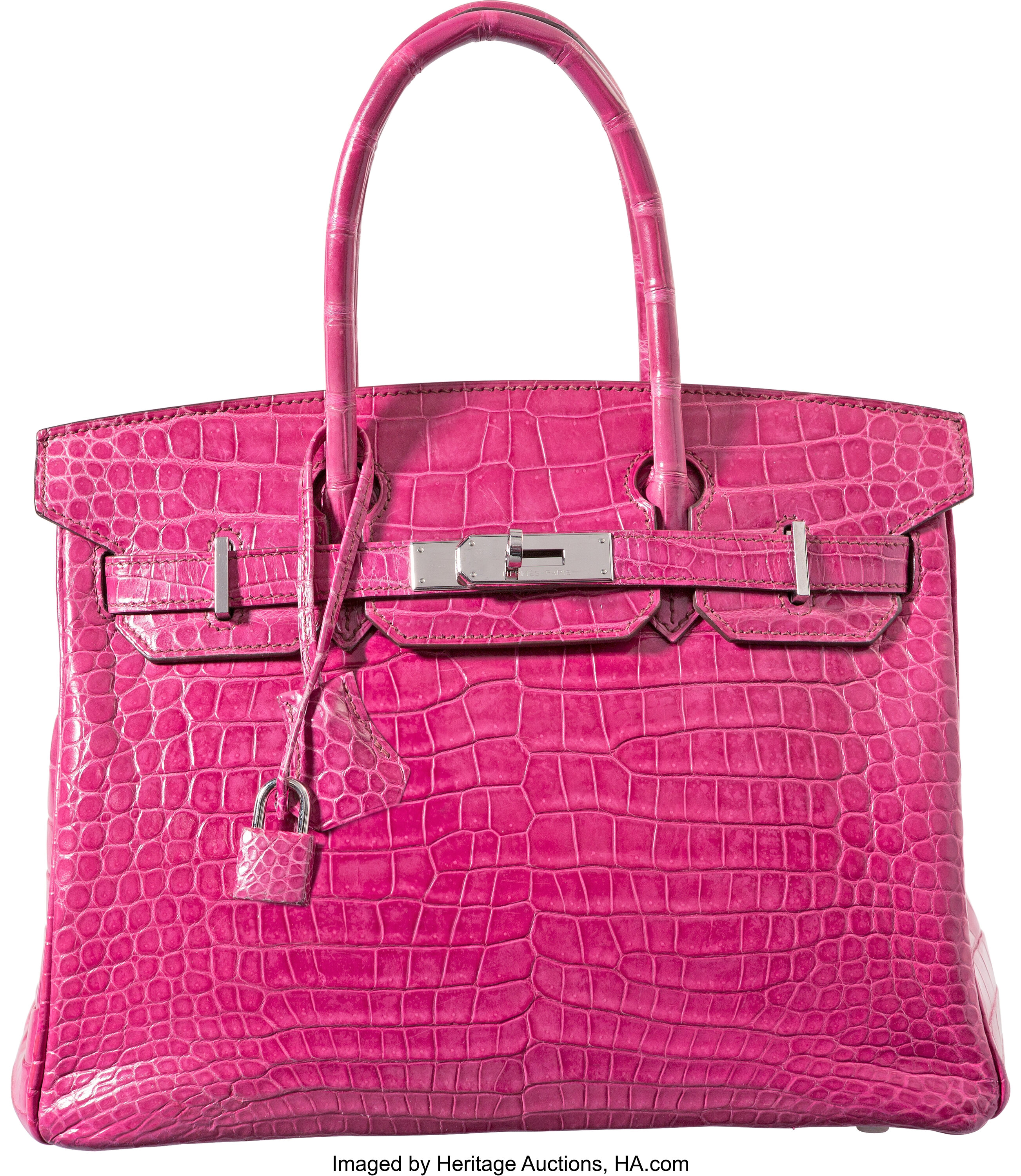 Hermes 30cm Shiny Fuchsia Porosus Crocodile Birkin Bag with, Lot #58602