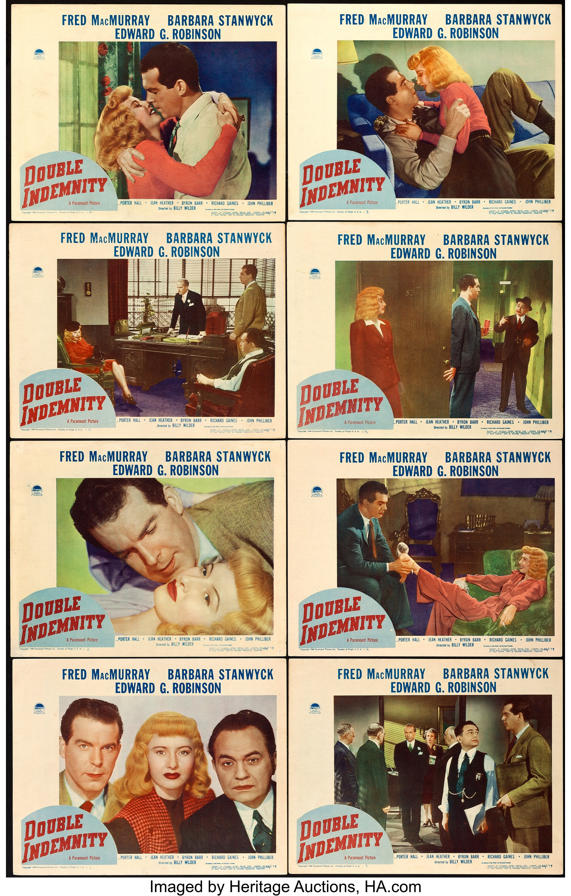 Double Indemnity (Paramount, 1944). Lobby Card Set of 8 (11