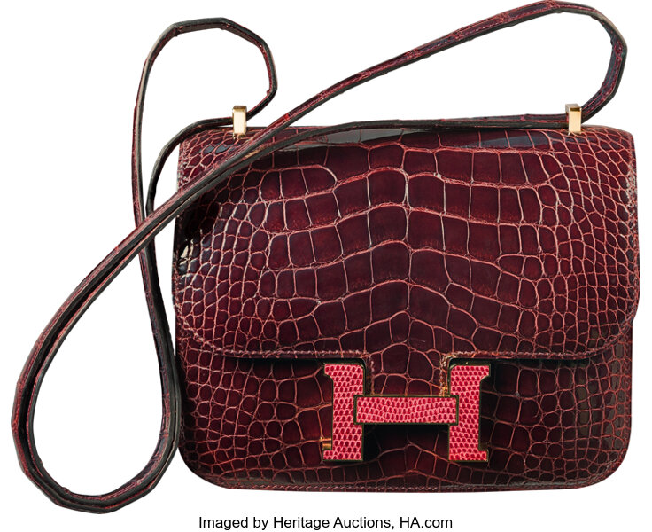 Hermes Limited Edition 18cm Shiny Bordeaux Alligator & Rouge H, Lot #58037