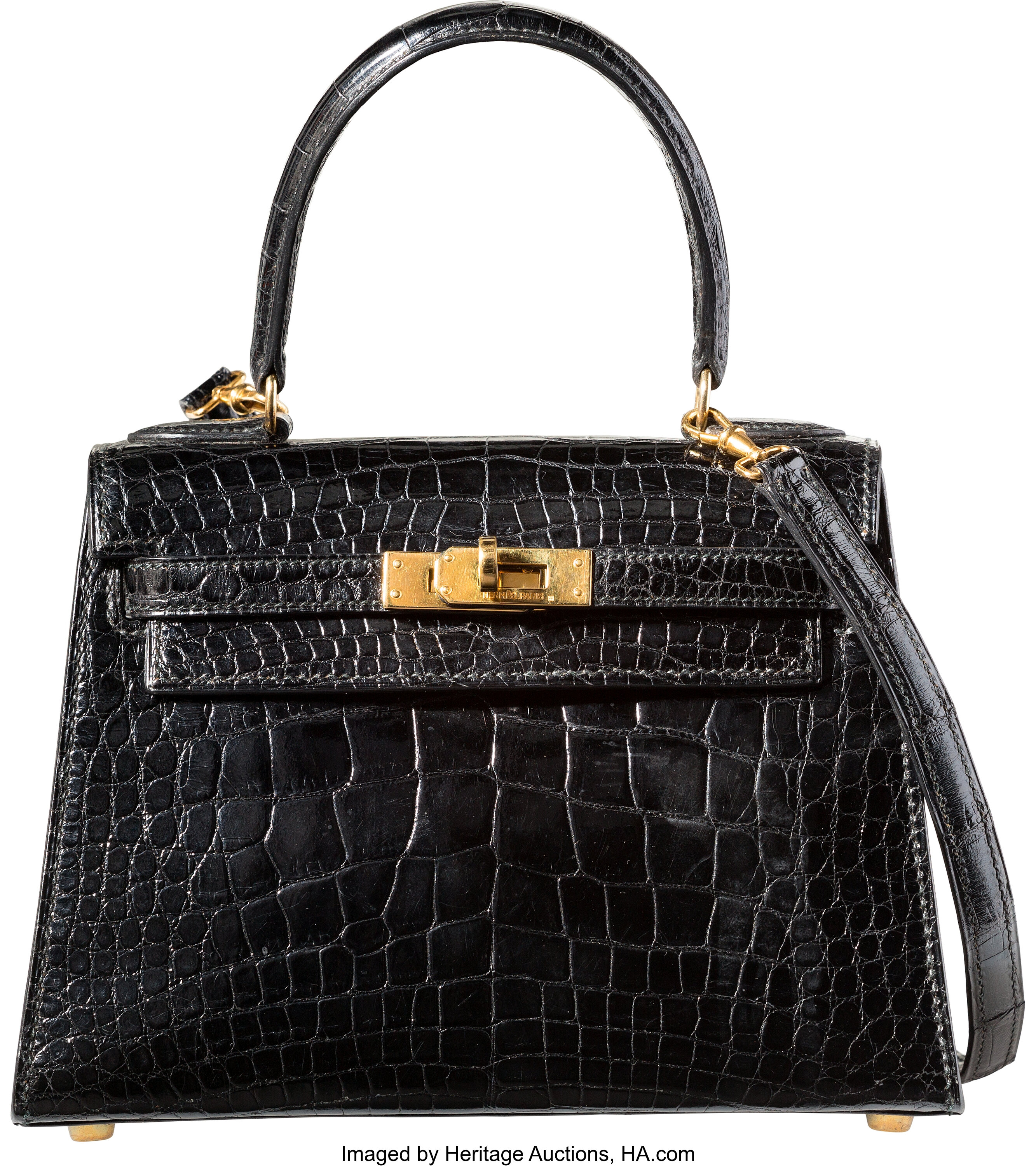 Hermes 20cm Shiny Black Alligator Sellier Mini Kelly Bag with Gold, Lot  #58172