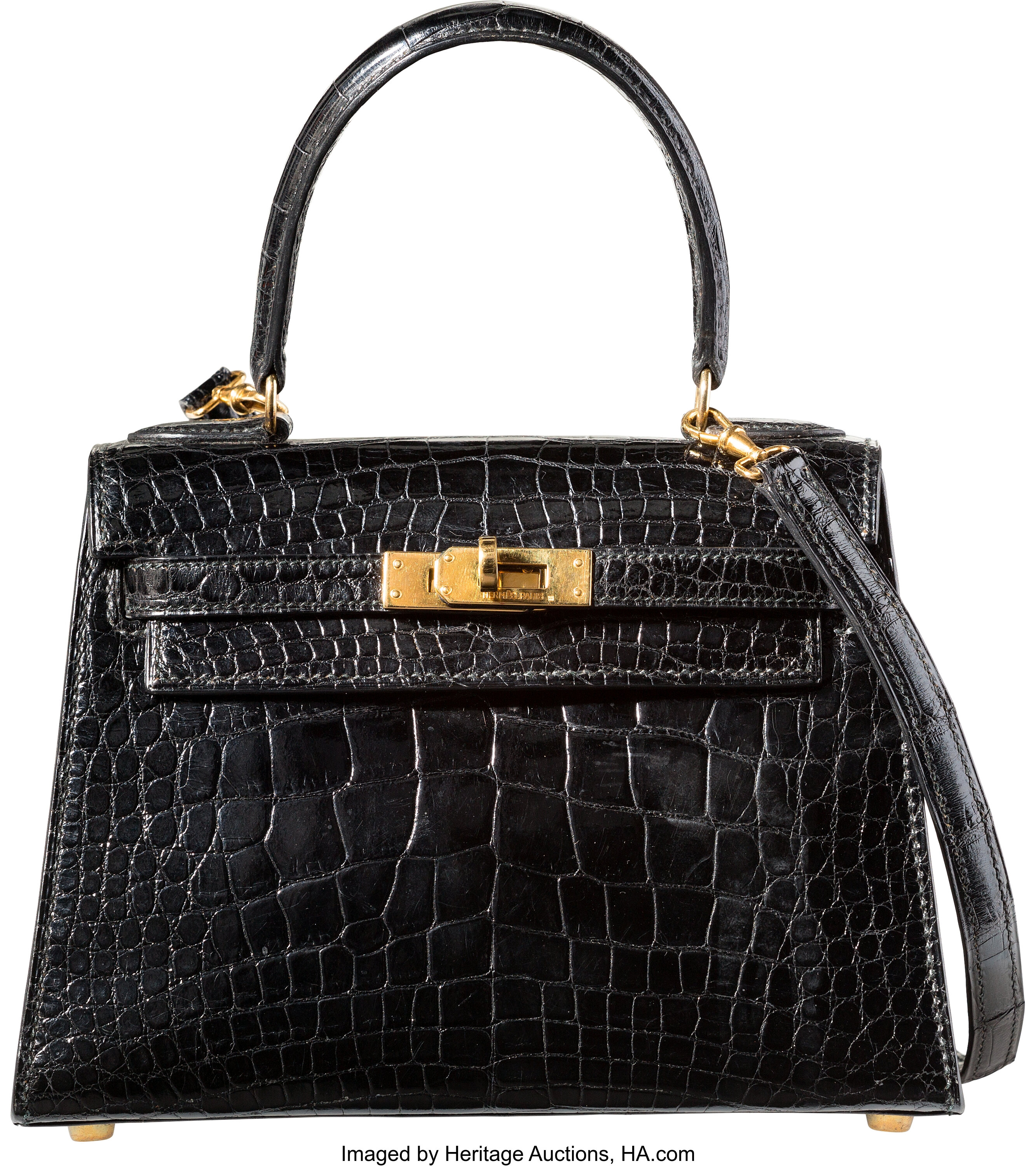 Hermes 20cm Shiny Black Alligator Sellier Mini Kelly Bag with Gold