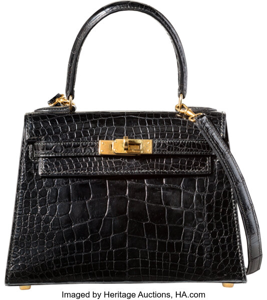 Hermes 20cm Shiny Black Alligator Sellier Mini Kelly Bag with Gold, Lot  #58172