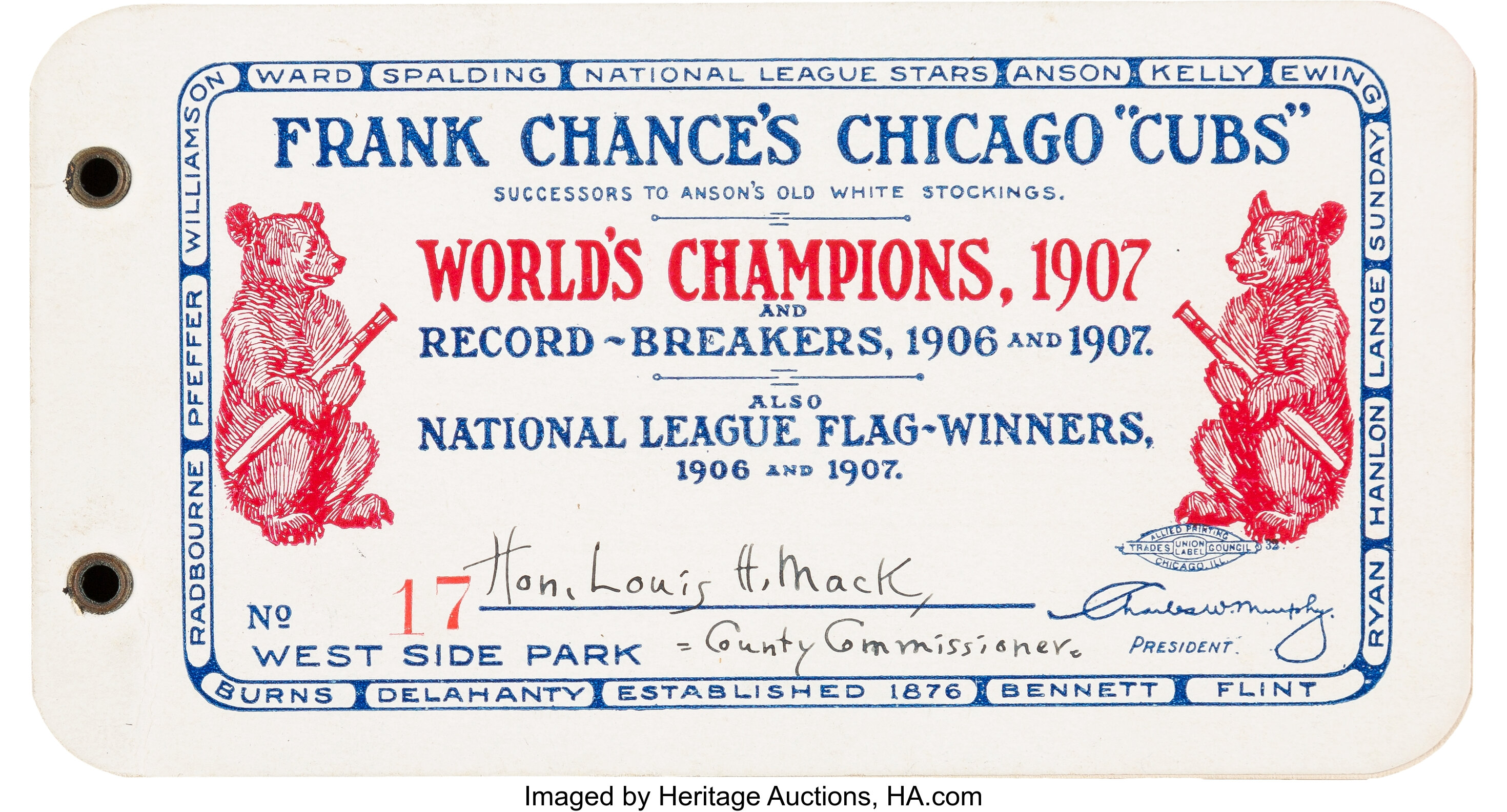 1906 CHICAGO CUBS World Series Game 2 Ticket