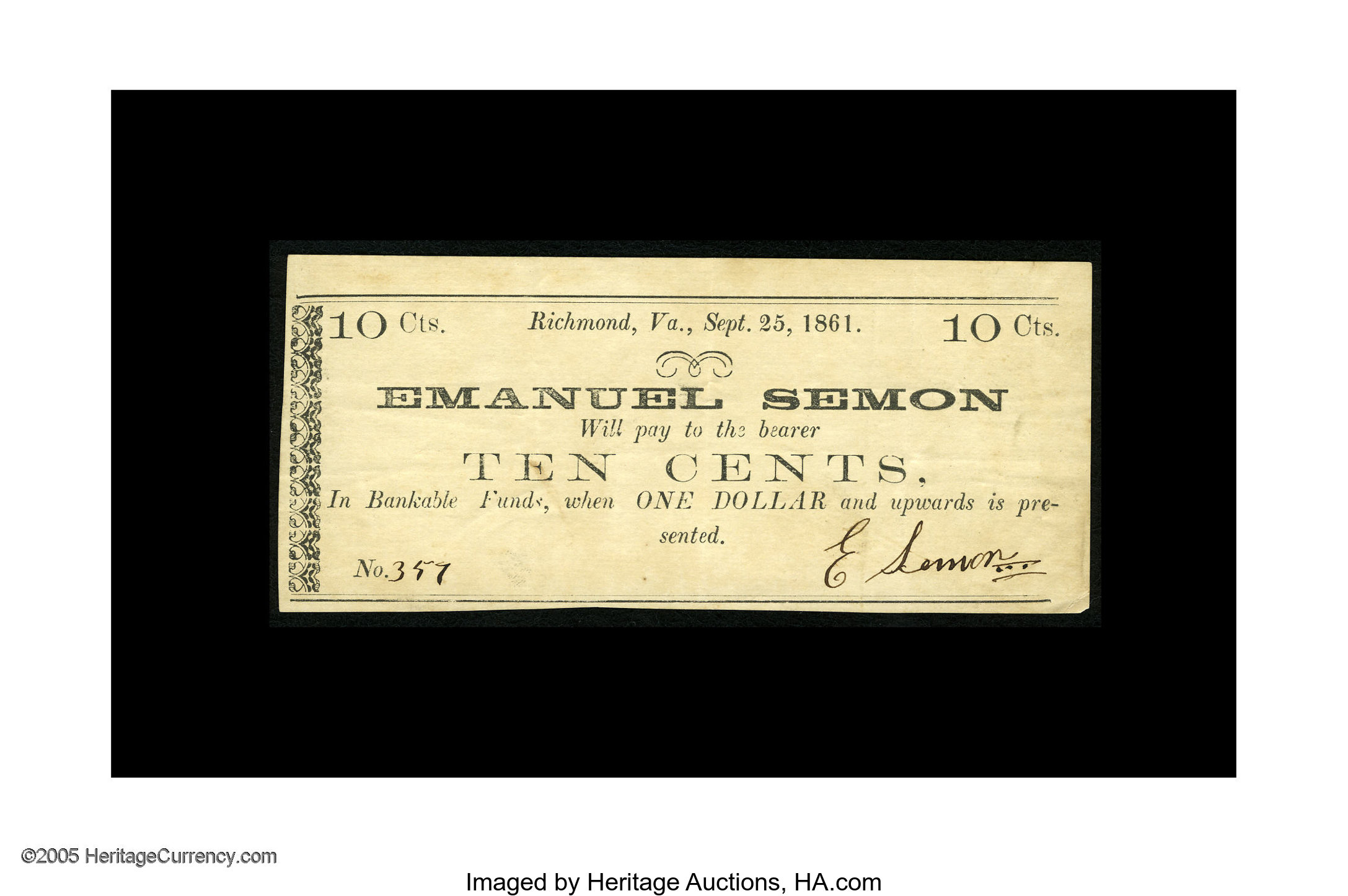 Richmond Va Emanuel Semon 10 Sept 25 1861 Jones Pr60 744 A Lot Heritage Auctions