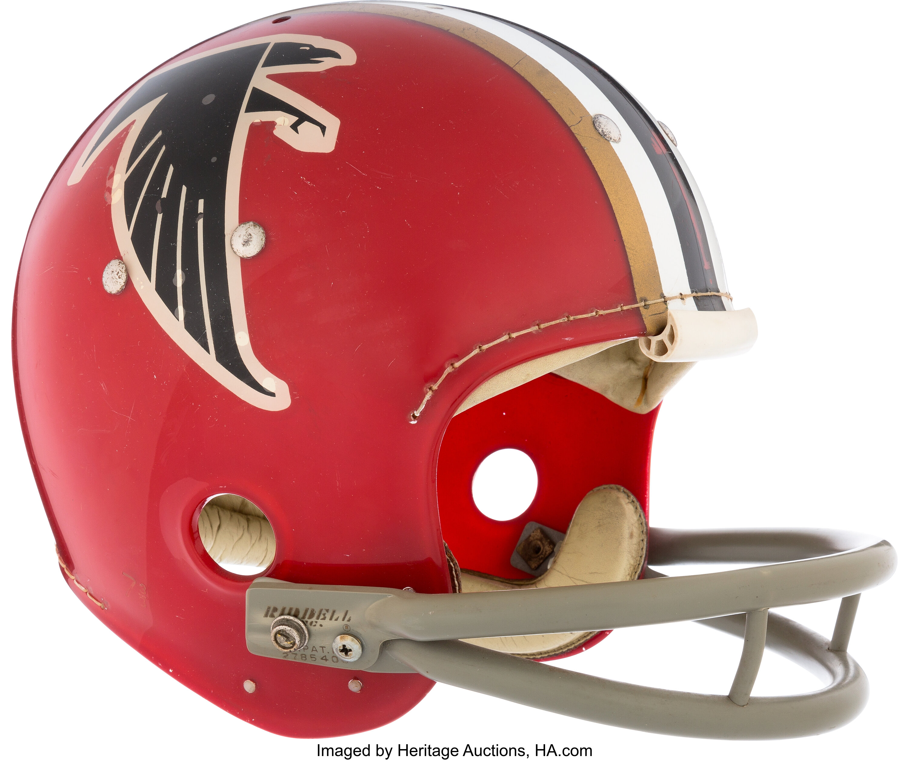 The Helmet Of The Atlanta Falcons Sits On A Wooden Board