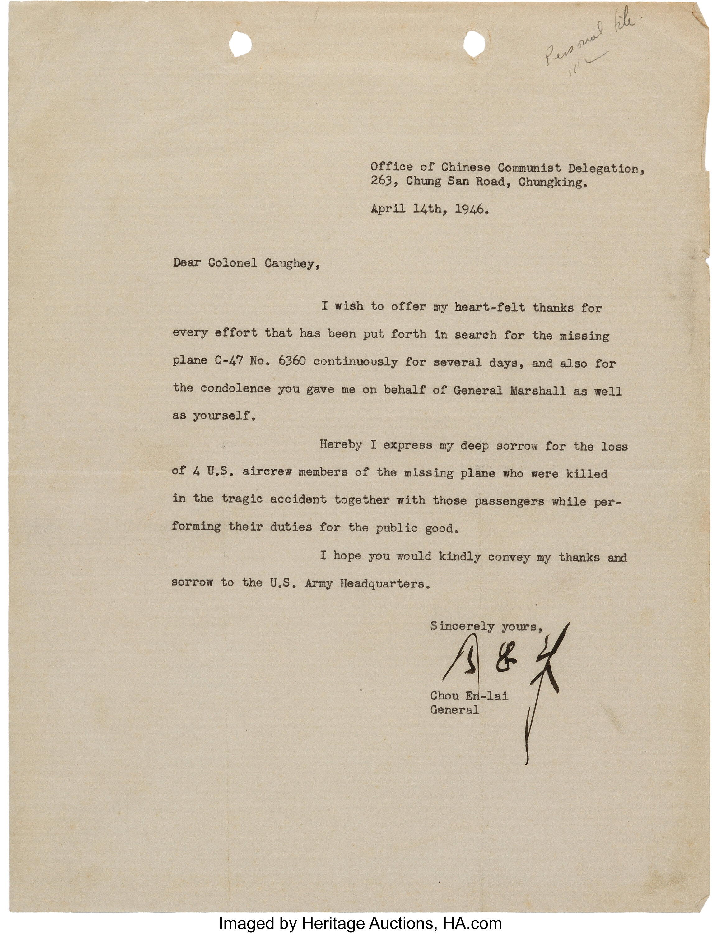 Chou En-lai Typed Letter Signed.... Autographs Military Figures | Lot ...