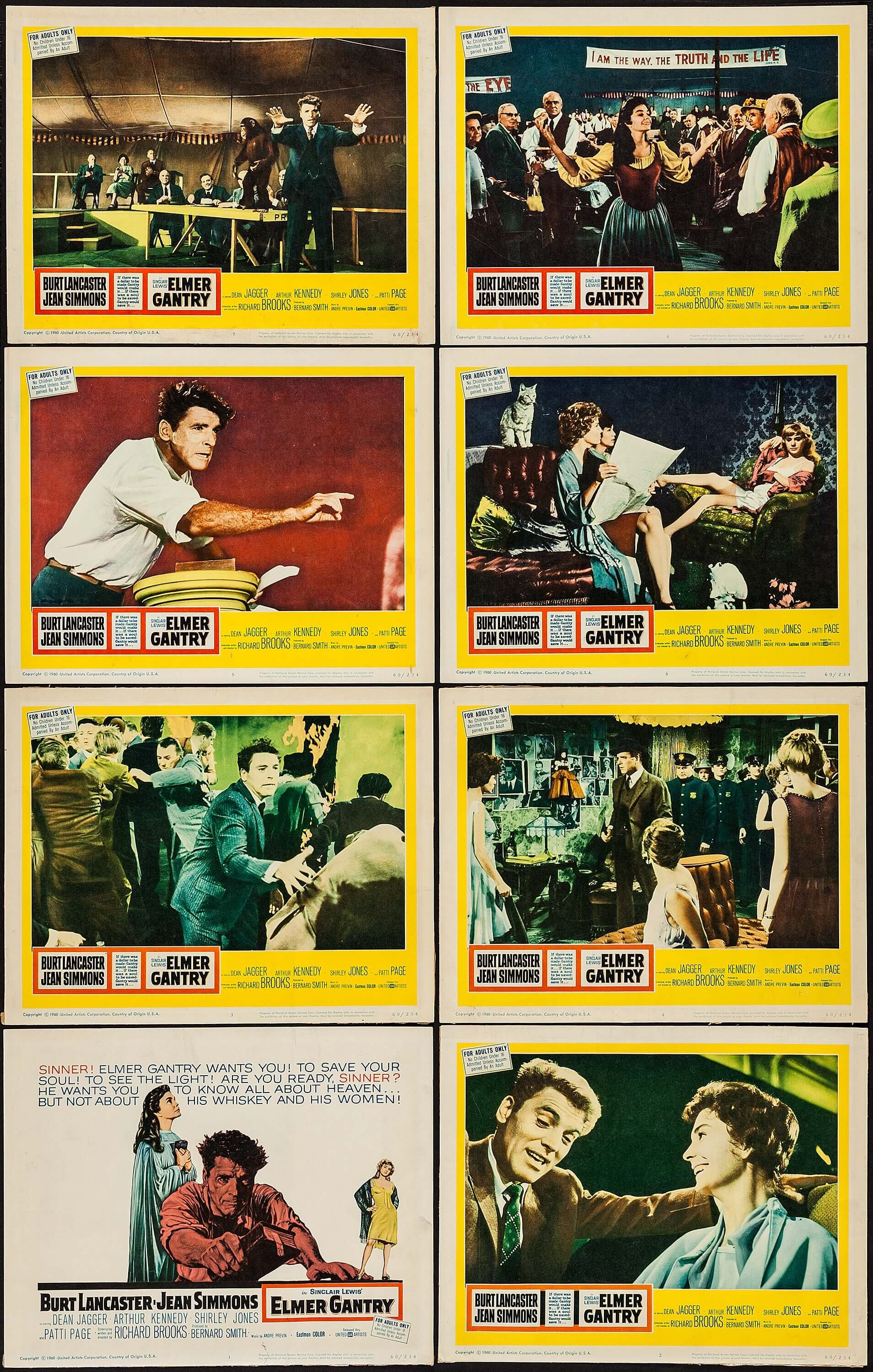 Elmer Gantry (united Artists, 1960). Lobby Card Set Of 8 (11