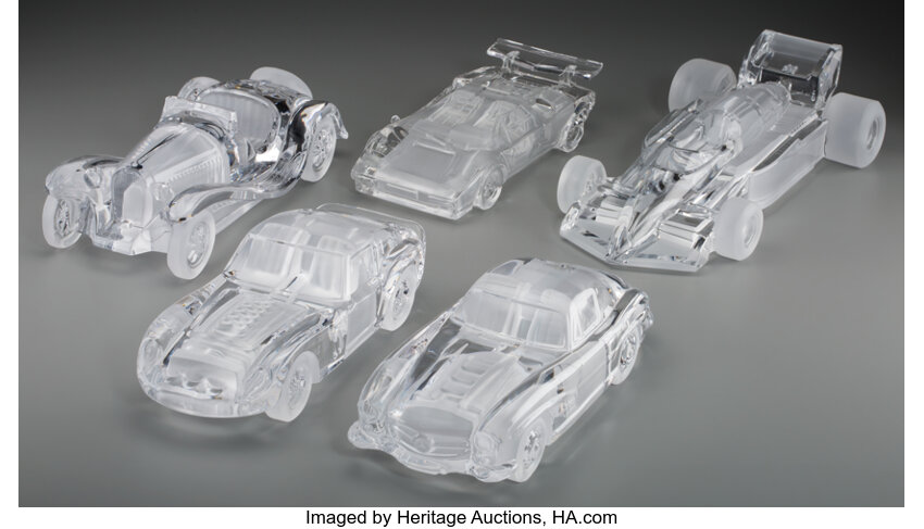 Four Daum Clear and Frosted Glass Cars with Associated Model. Late