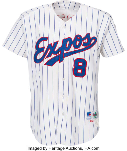 Vintage Montreal Expos Jersey Large White Striped Russell Athletic