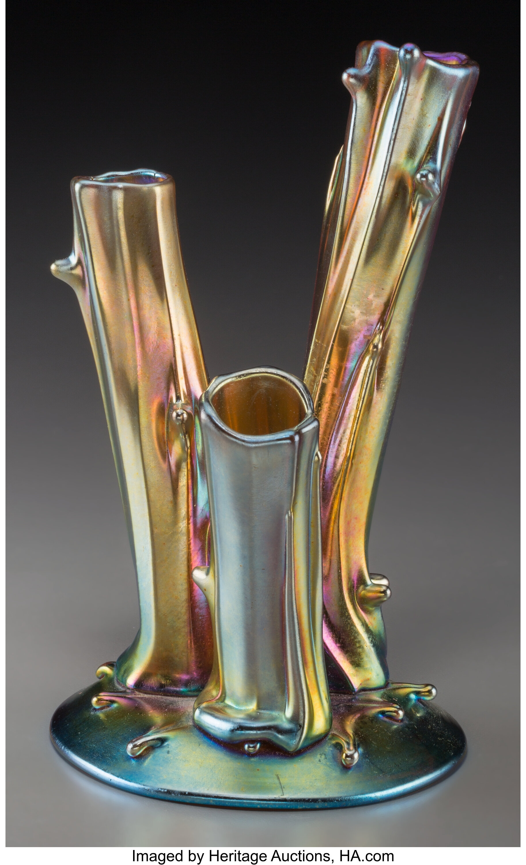 Steuben Gold Aurene Glass Tree Trunk Vase Circa 1915 Engraved