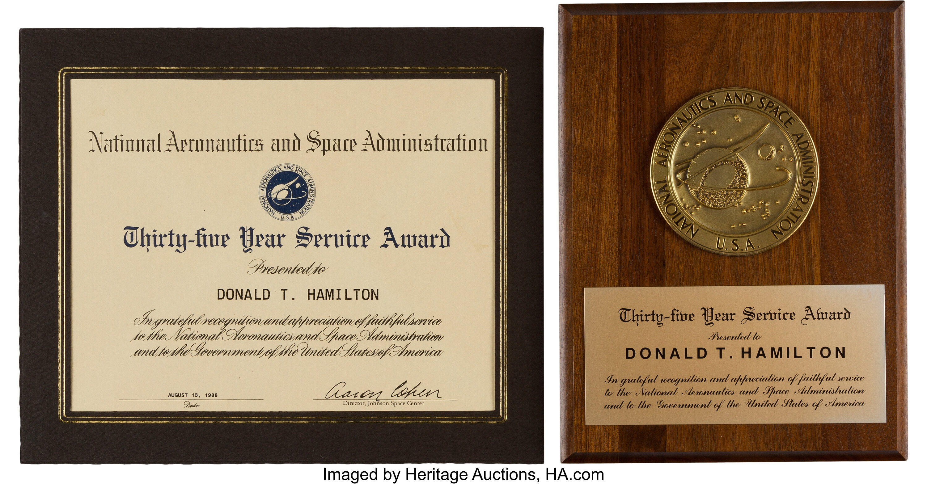 NASA Thirty-five Year Service Award Plaque and Certificate Awarded ...