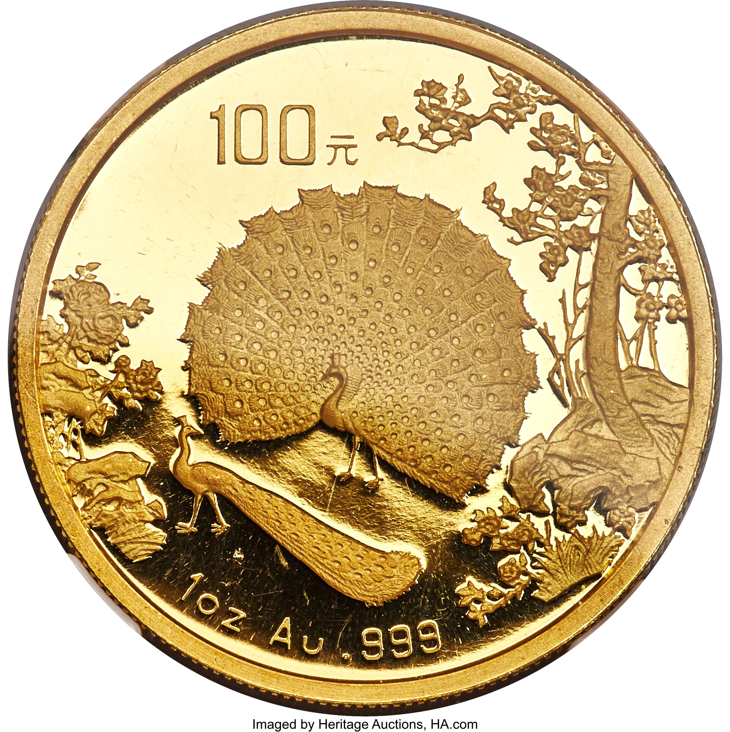 China: People's Republic gold Proof Peacock 100 Yuan (1 oz) 1993