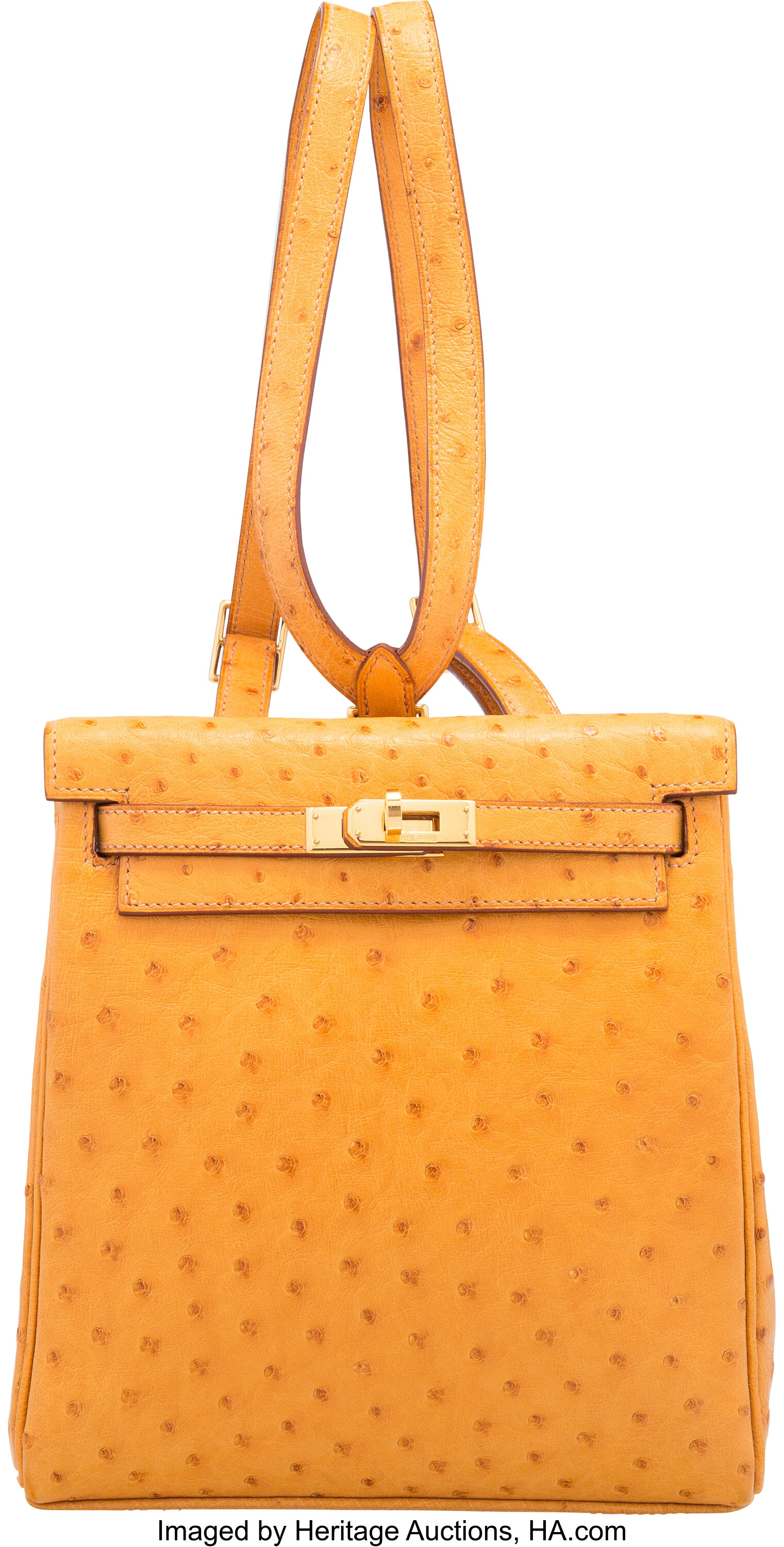 Hermes 20cm Saffron Ostrich Kelly Ado Backpack Bag with Gold, Lot #58206