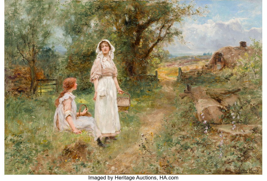 Vintage art / Henry John Yeend King / 1855-1924 / British artist / English farms / young women / strolling / gold frame selling / beige matting